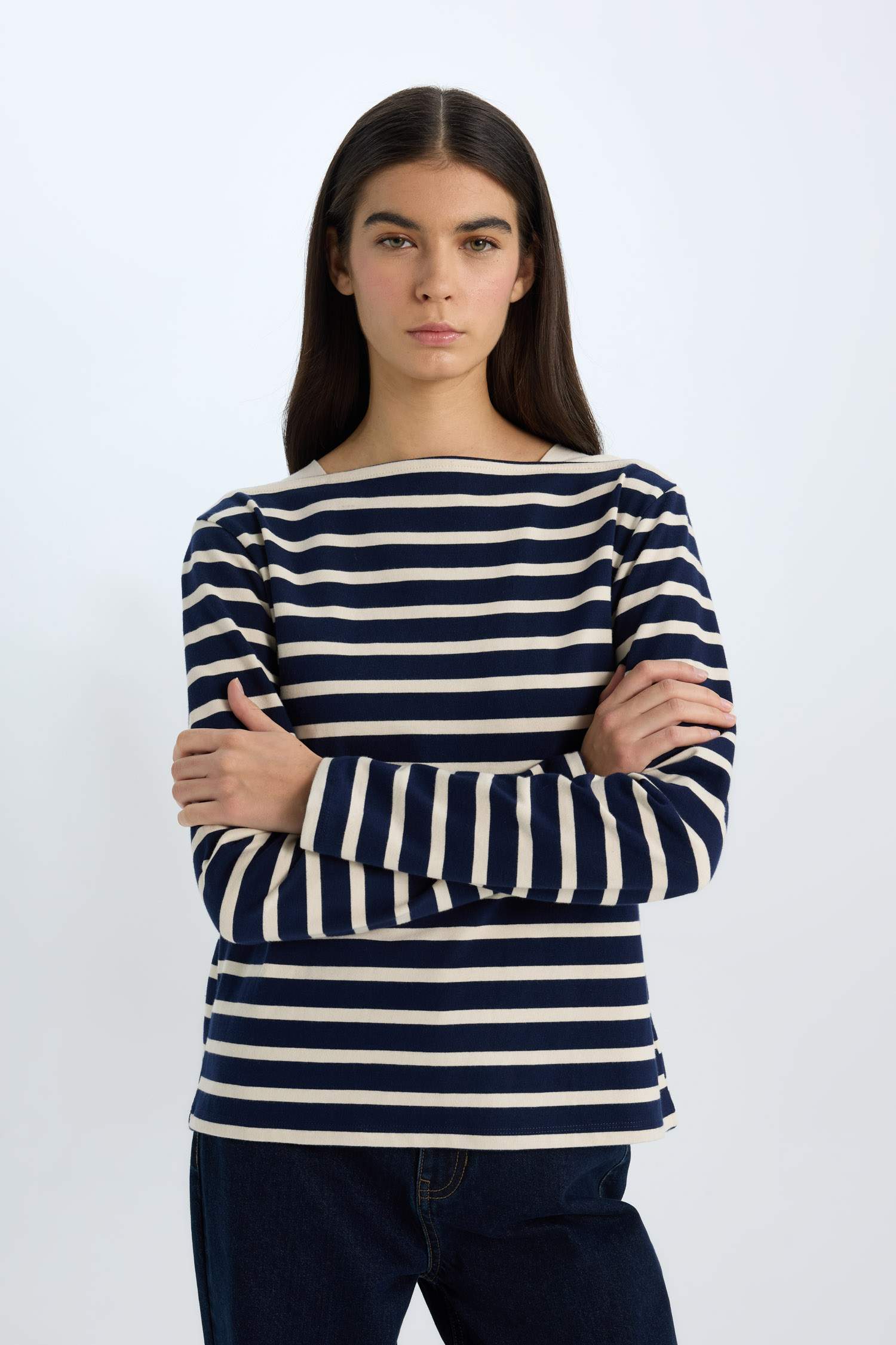 Regular Fıt Bisiklet Yaka Çizgili Penye Uzun Kollu Tişört