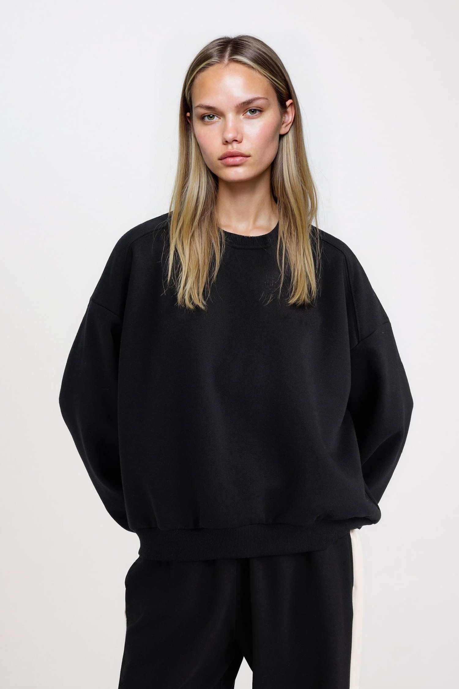 Coool Oversize Geniş Kalıp Bisiklet Yaka Basic Düz Kalın Siyah Sweatshirt