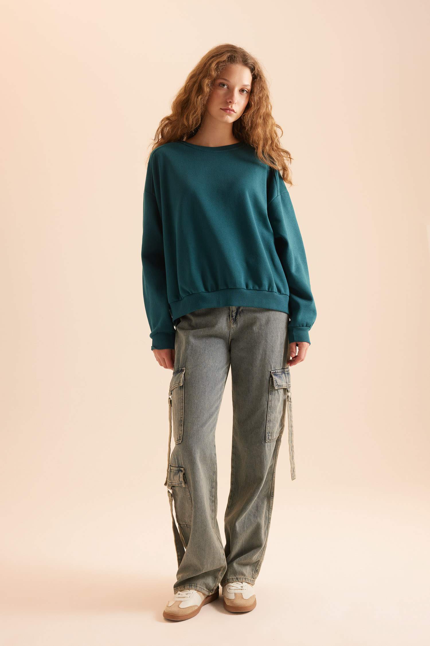 Coool Oversize Geniş Kalıp Bisiklet Yaka Basic Düz Kalın Sweatshirt