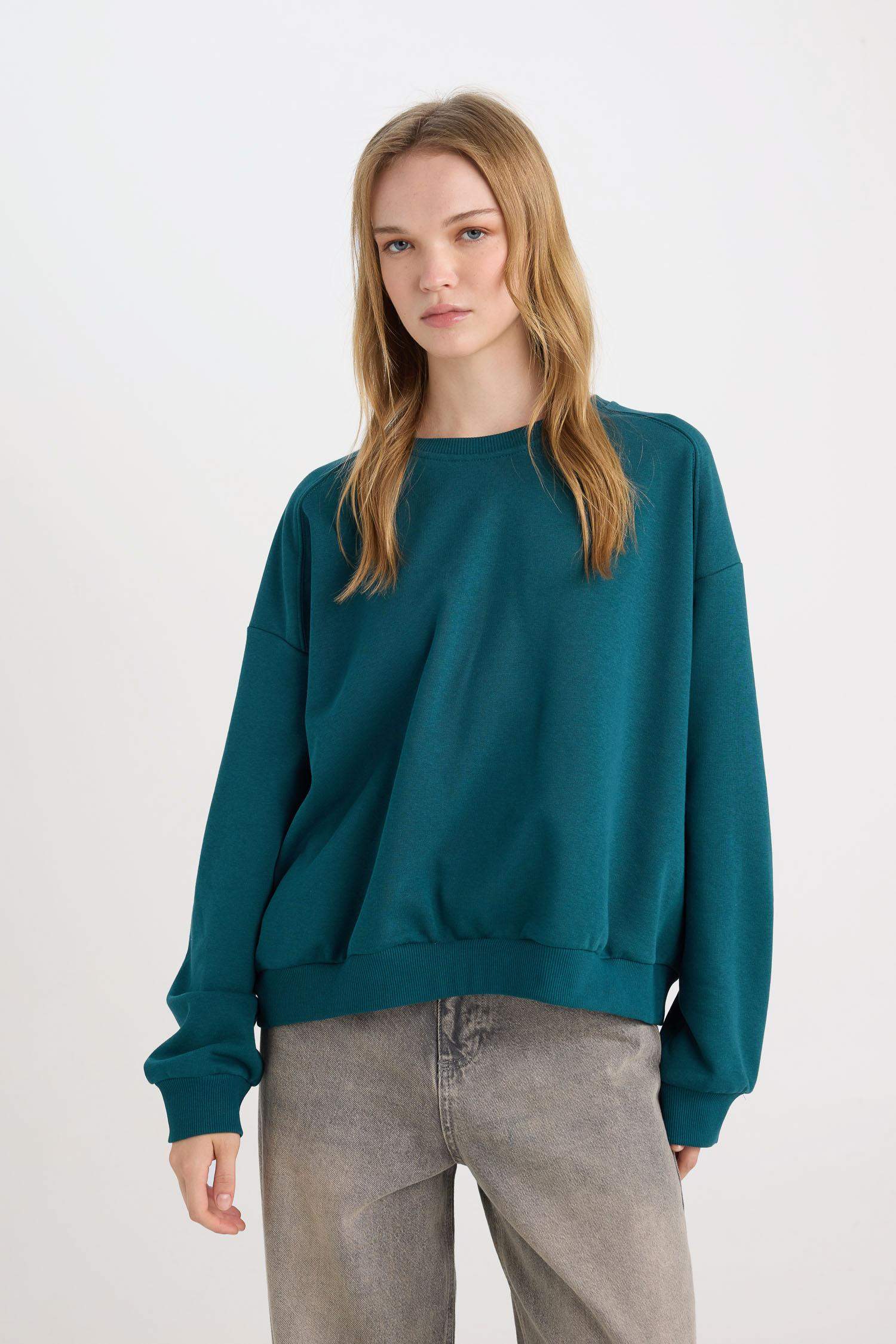Coool Oversize Geniş Kalıp Bisiklet Yaka Basic Düz Kalın Sweatshirt
