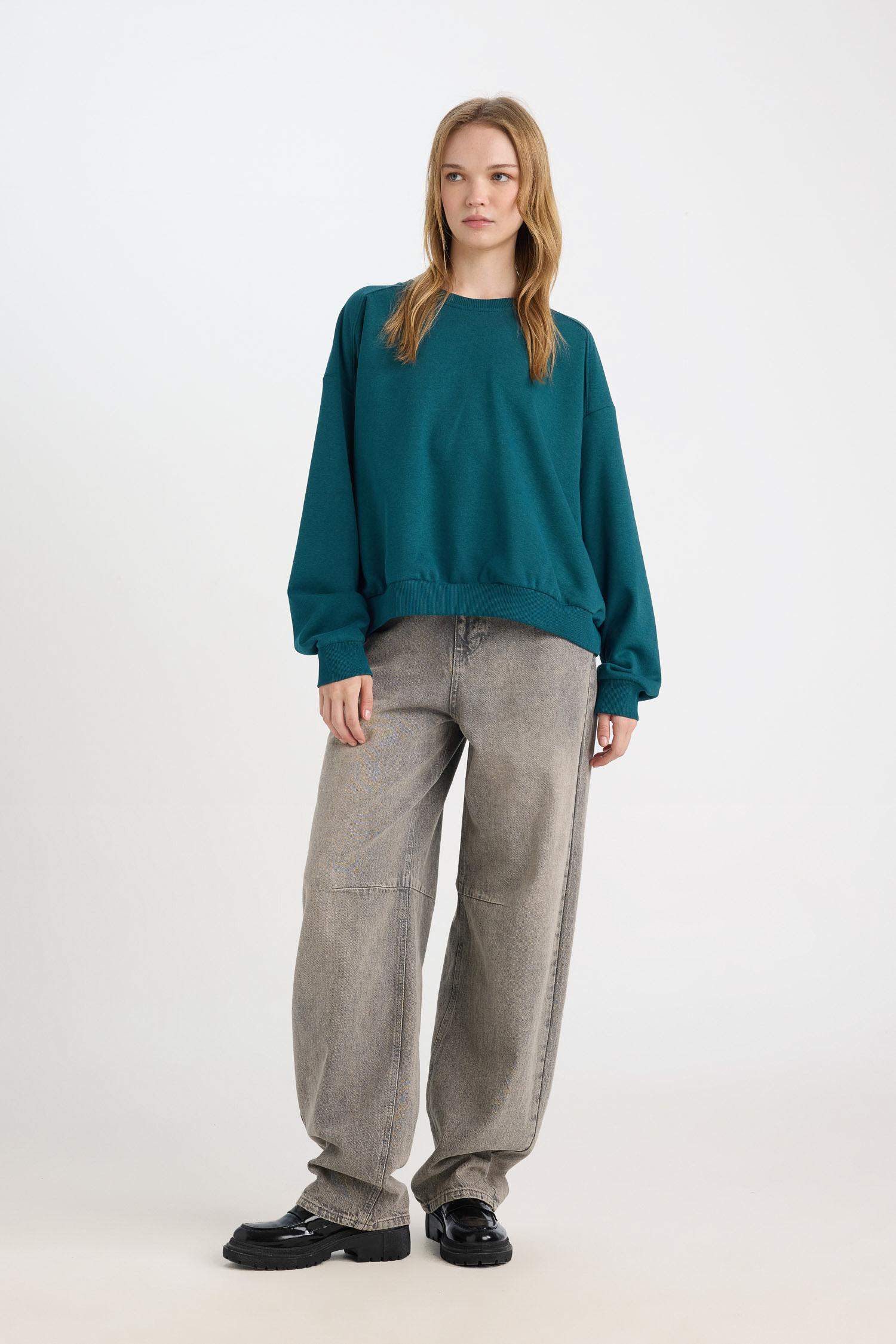 Coool Oversize Geniş Kalıp Bisiklet Yaka Basic Düz Kalın Sweatshirt