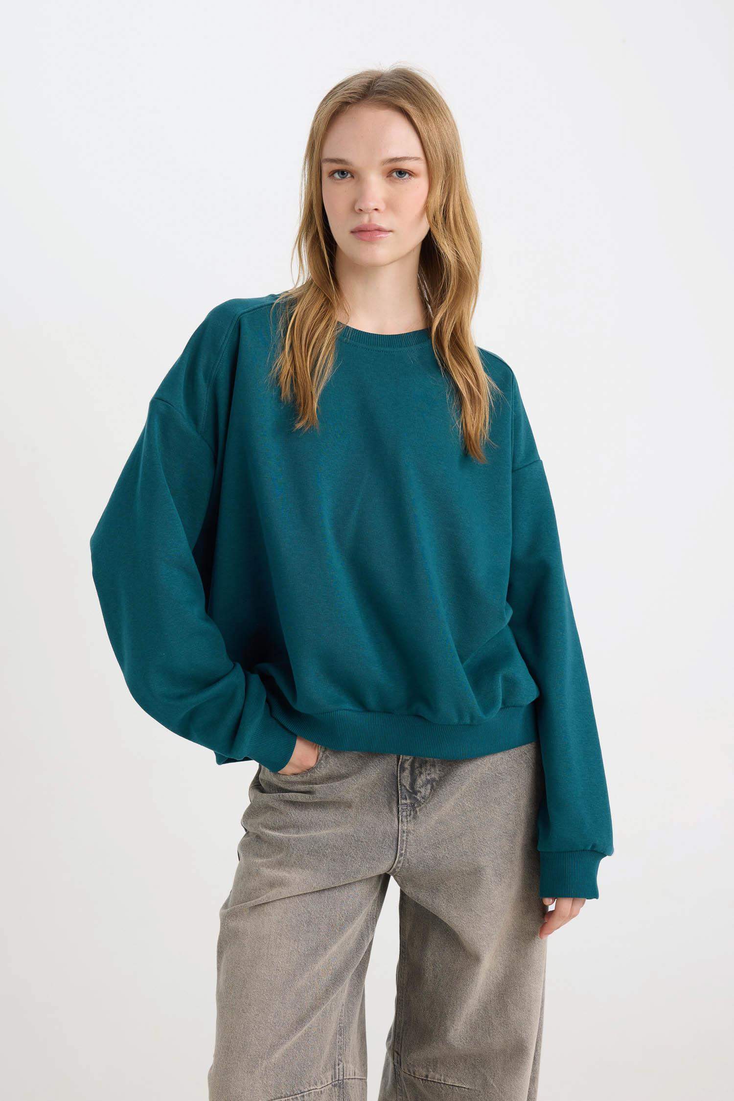 Coool Oversize Geniş Kalıp Bisiklet Yaka Basic Düz Kalın Sweatshirt