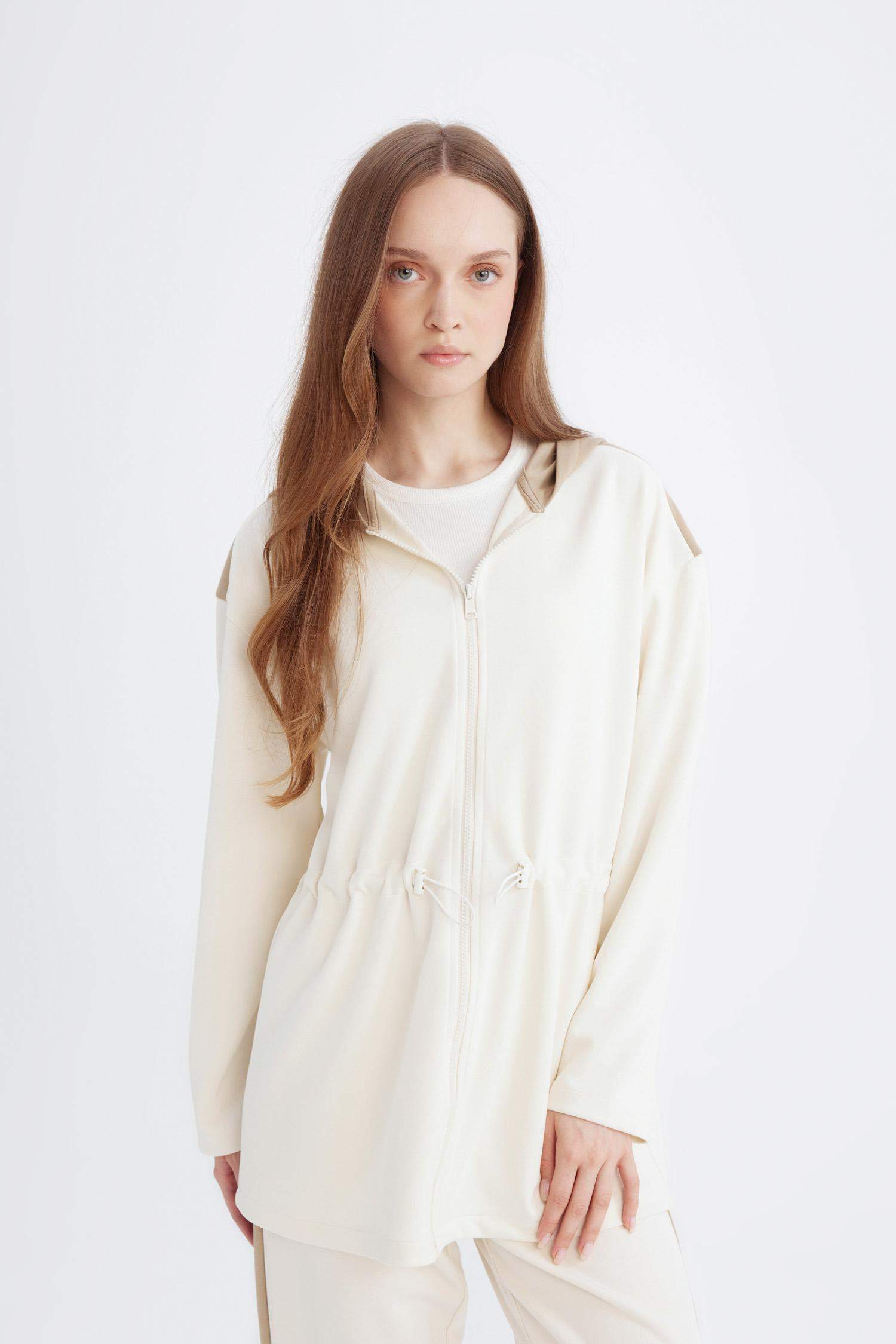 Relax Fit Kapüşonlu Beli Büzgülü Fermuarlı Sweatshirt 