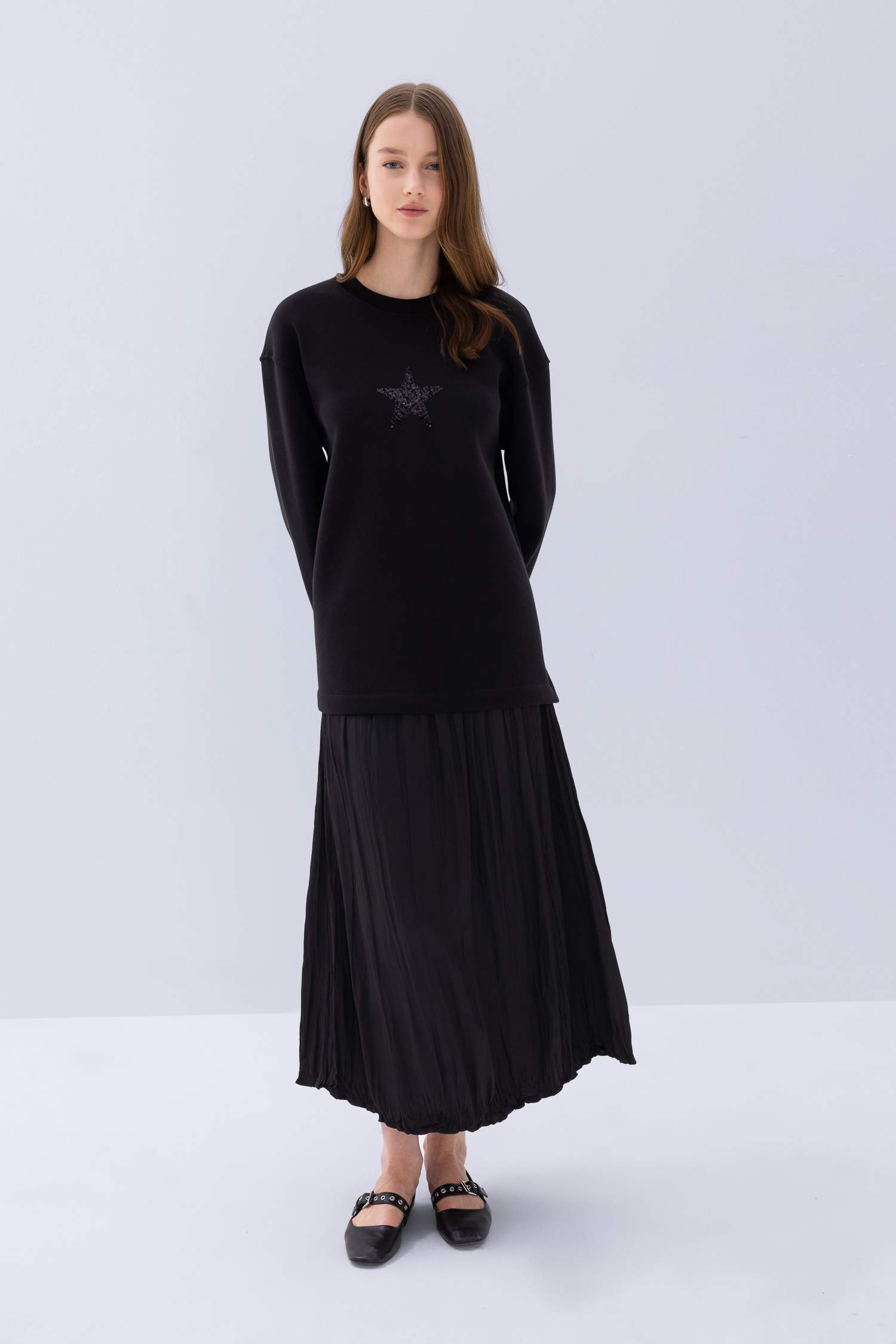 سويت تونيك قماش رقيق مطبوعة قصة مريحة بياقة مستديرة ببطانة ناعمة