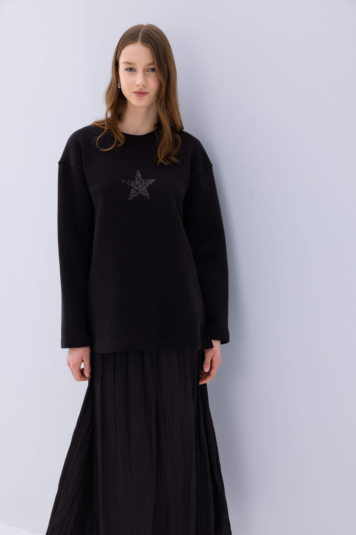 سويت تونيك قماش رقيق مطبوعة قصة مريحة بياقة مستديرة ببطانة ناعمة