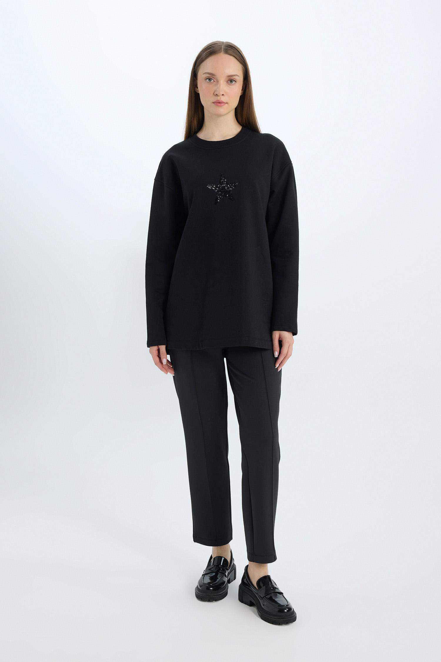 سويت تونيك قماش رقيق مطبوعة قصة مريحة بياقة مستديرة ببطانة ناعمة