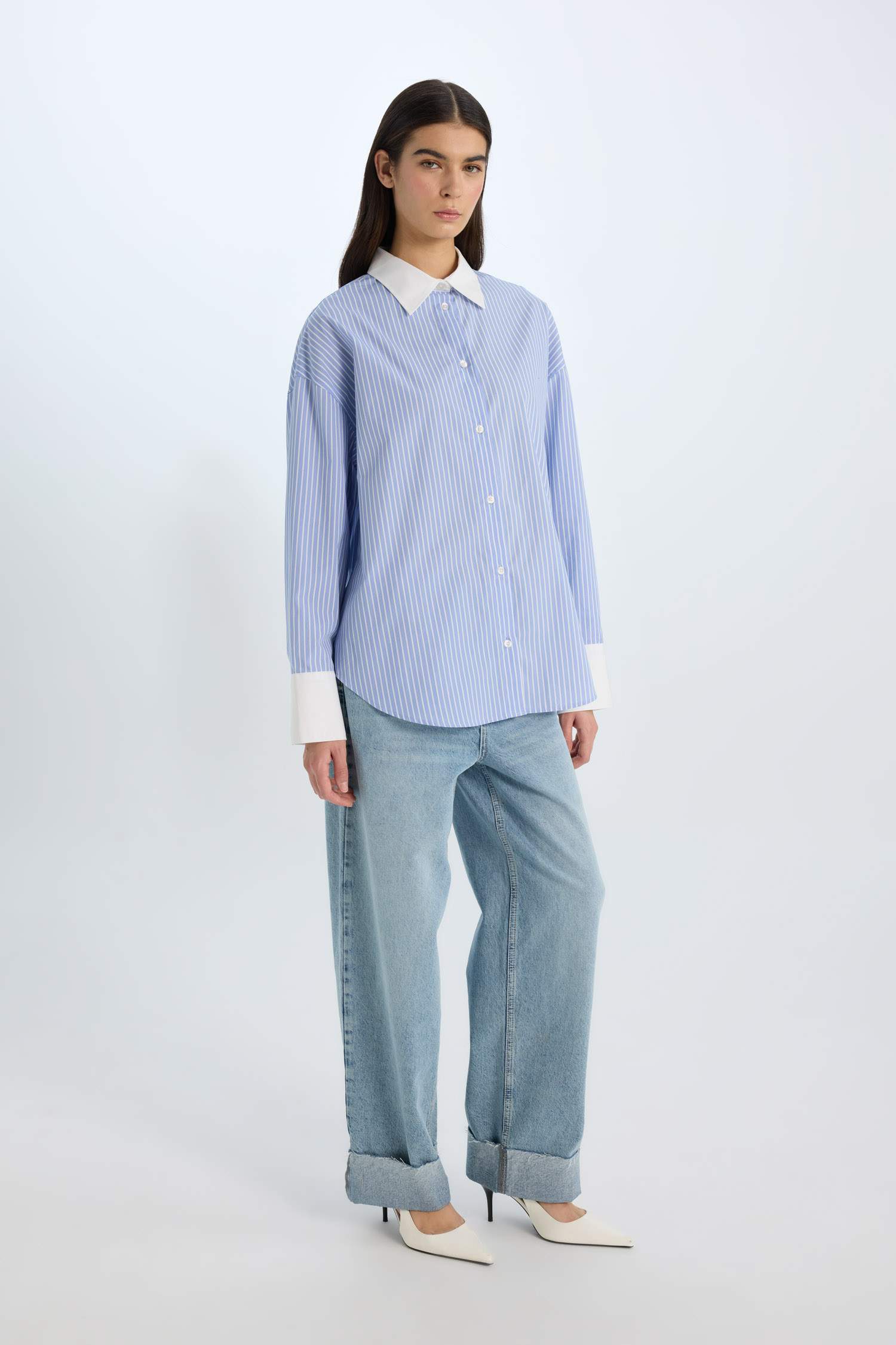 Oversize Geniş Kalıp Çizgili Poplin Uzun Kollu Gömlek