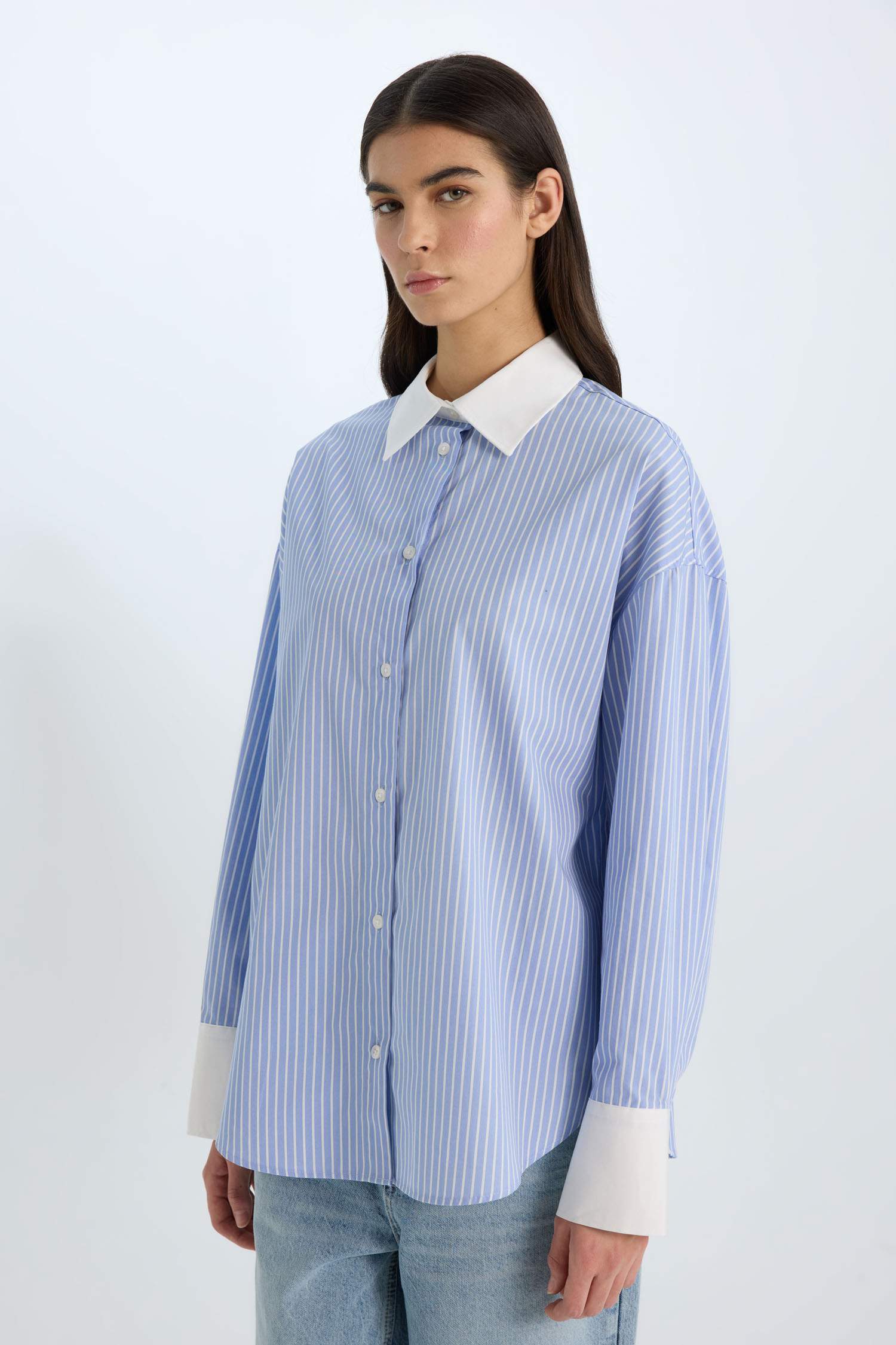 Oversize Geniş Kalıp Çizgili Poplin Uzun Kollu Gömlek