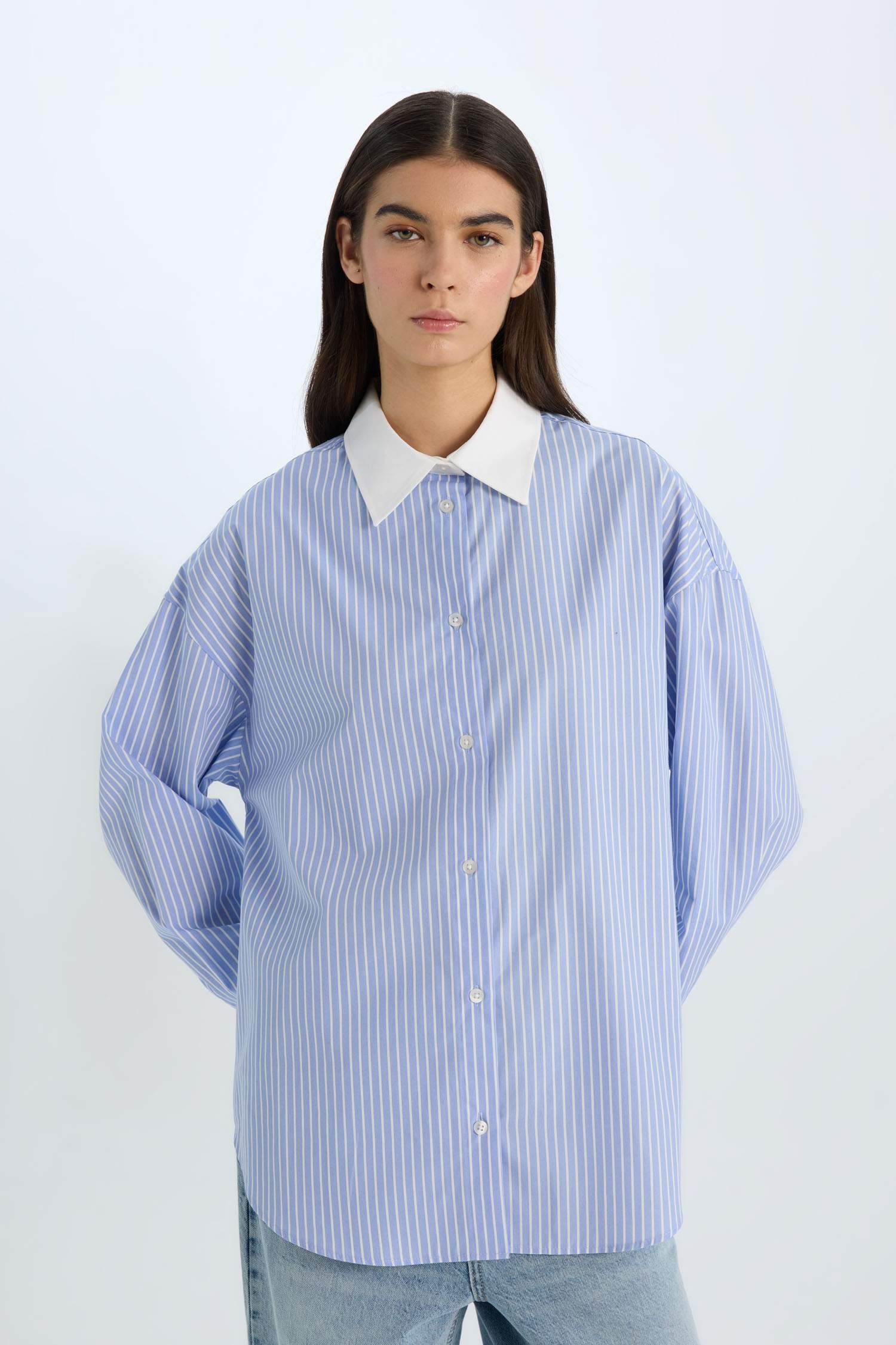 Oversize Geniş Kalıp Çizgili Poplin Uzun Kollu Gömlek