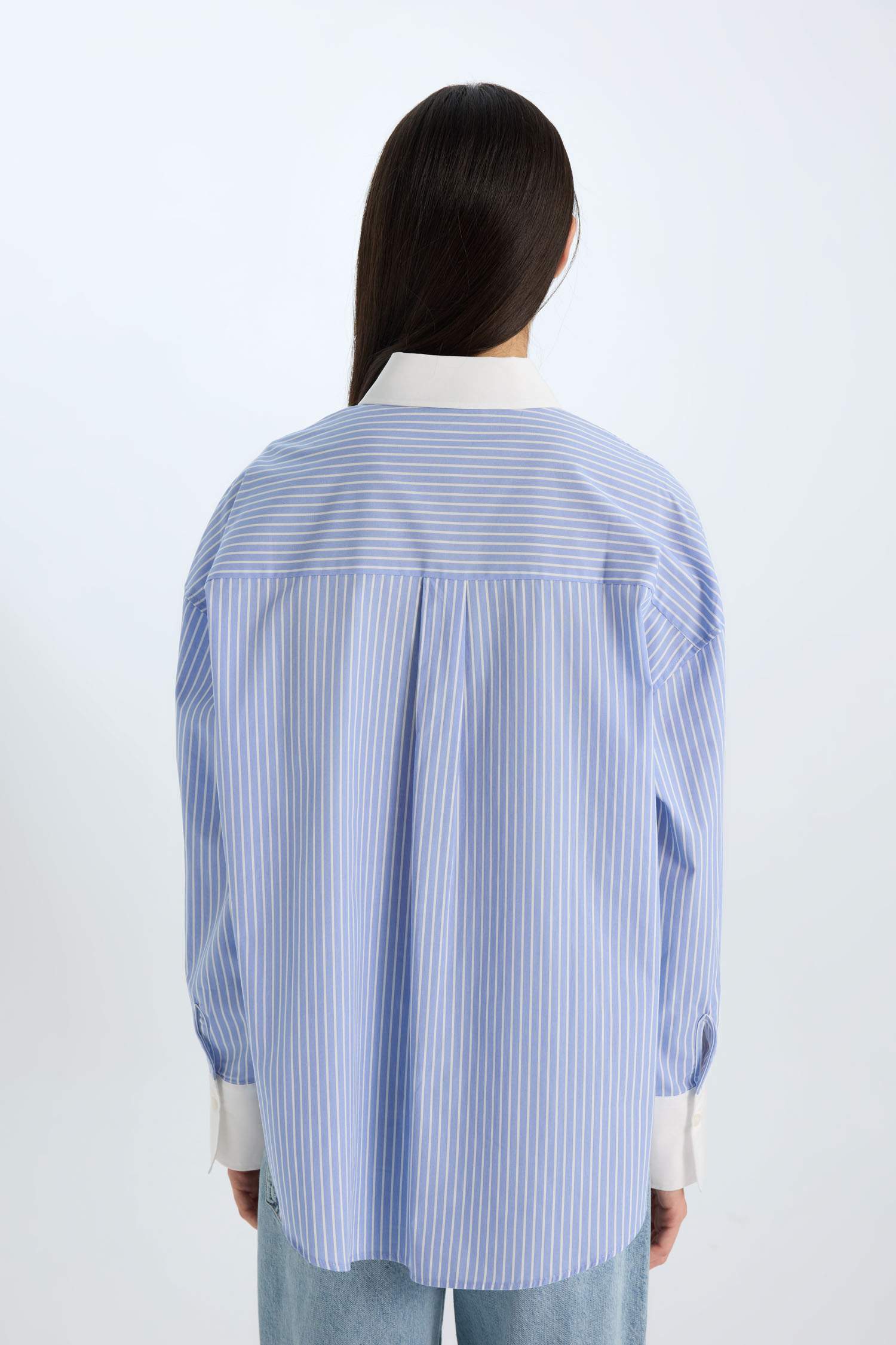 Oversize Geniş Kalıp Çizgili Poplin Uzun Kollu Gömlek