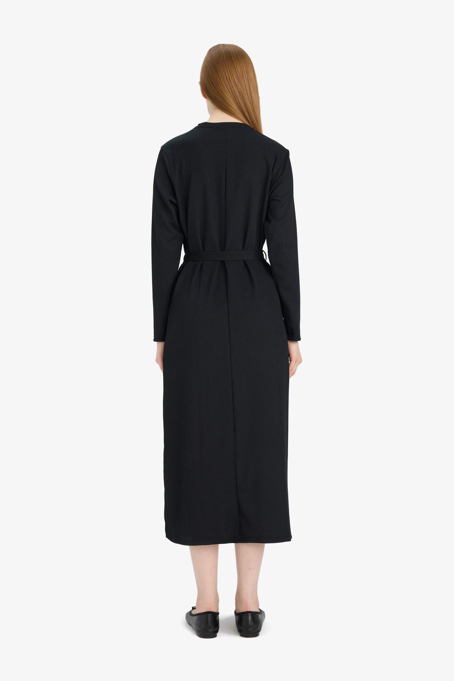 Regular Fit Bisiklet Yaka Bağlamalı Uzun Kollu Maxi Elbise