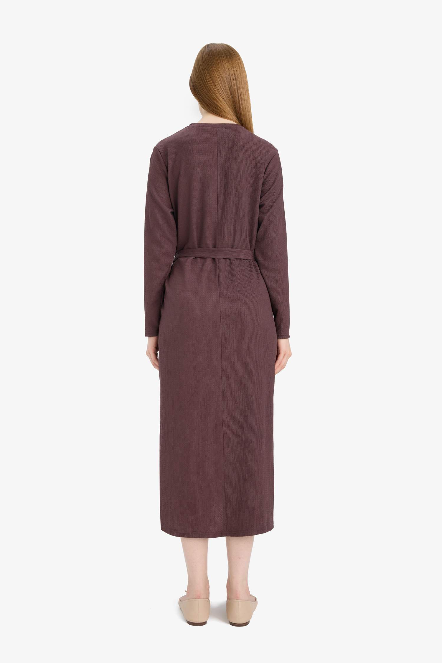 Regular Fit Bisiklet Yaka Bağlamalı Uzun Kollu Maxi Elbise