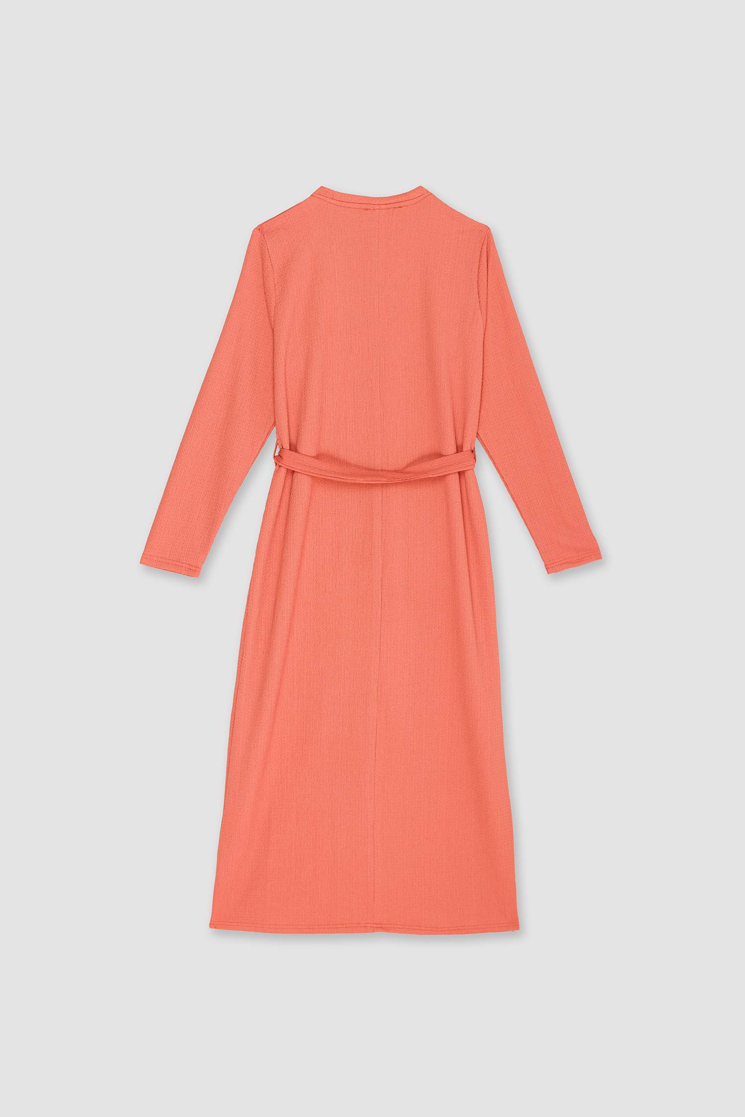 Regular Fit Bisiklet Yaka Bağlamalı Uzun Kollu Maxi Elbise 