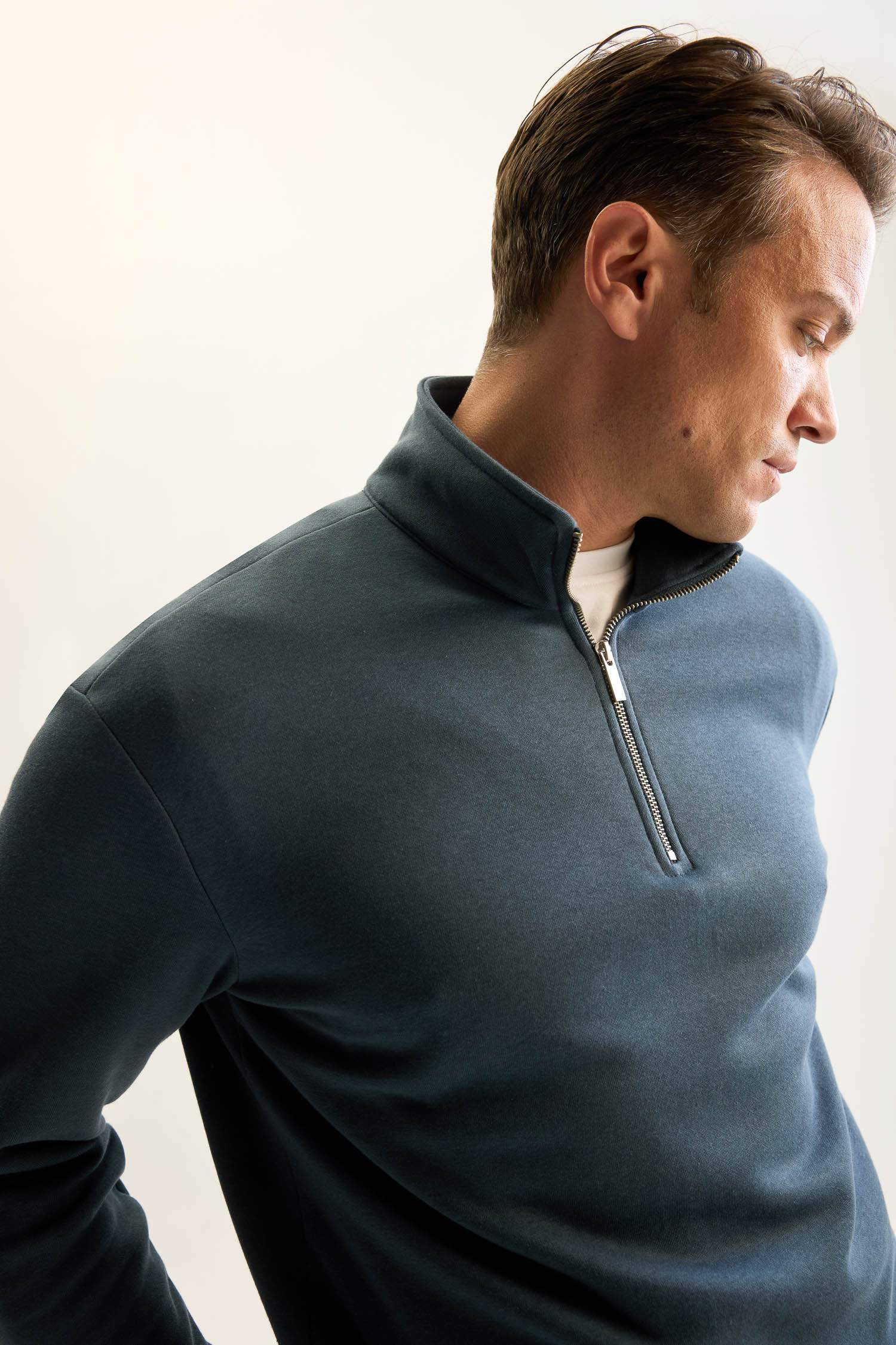 3 İplik Pamuklu Şardonlu İçi Polarlı Comfort Regular Fit Rahat Kalıp Dik Yaka Fermuarlı Kalın Sweatshirt