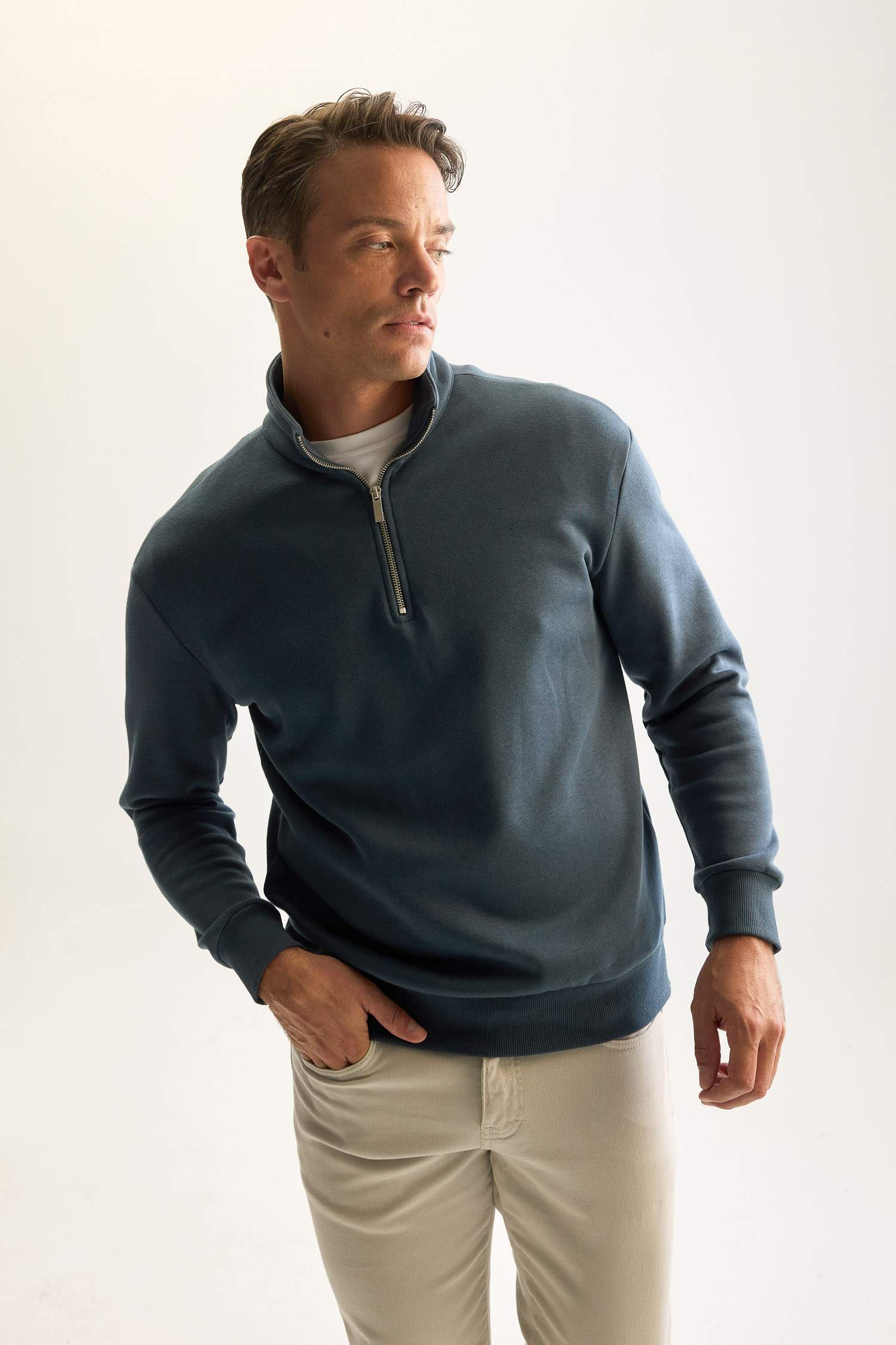 3 İplik Pamuklu Şardonlu İçi Polarlı Comfort Regular Fit Rahat Kalıp Dik Yaka Fermuarlı Kalın Sweatshirt