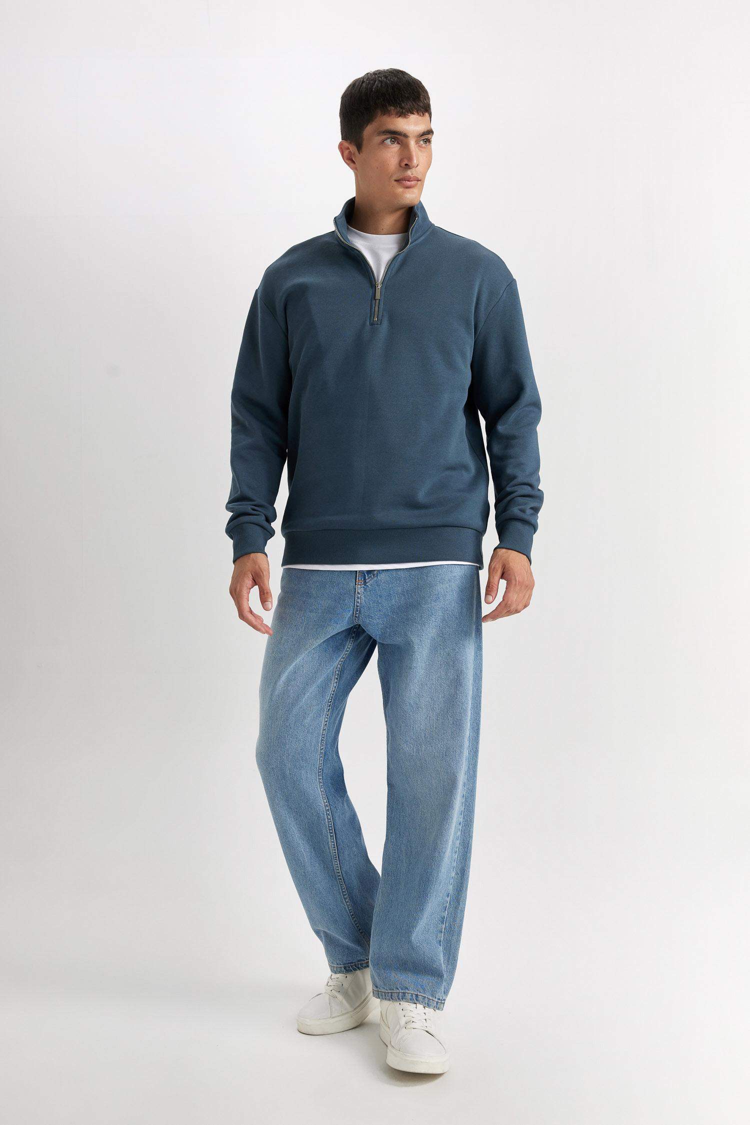 3 İplik Pamuklu Şardonlu İçi Polarlı Comfort Regular Fit Rahat Kalıp Dik Yaka Fermuarlı Kalın Sweatshirt