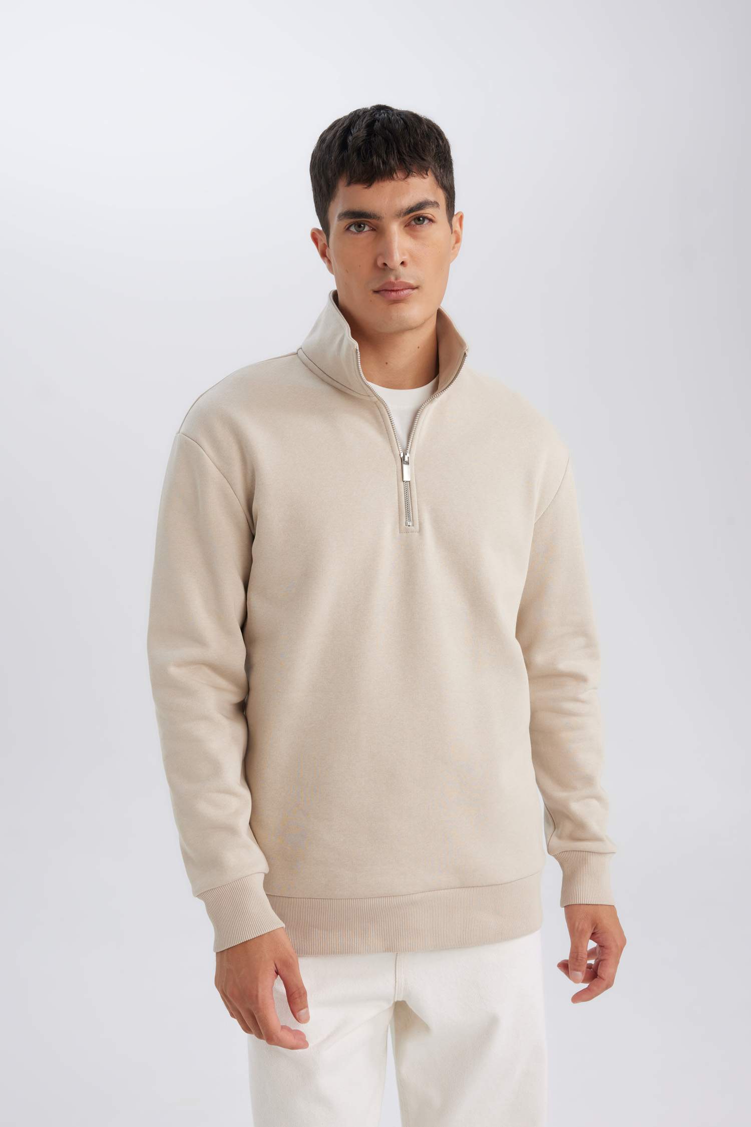 3 İplik Pamuklu Şardonlu İçi Polarlı Comfort Regular Fit Rahat Kalıp Dik Yaka Fermuarlı Kalın Sweatshirt