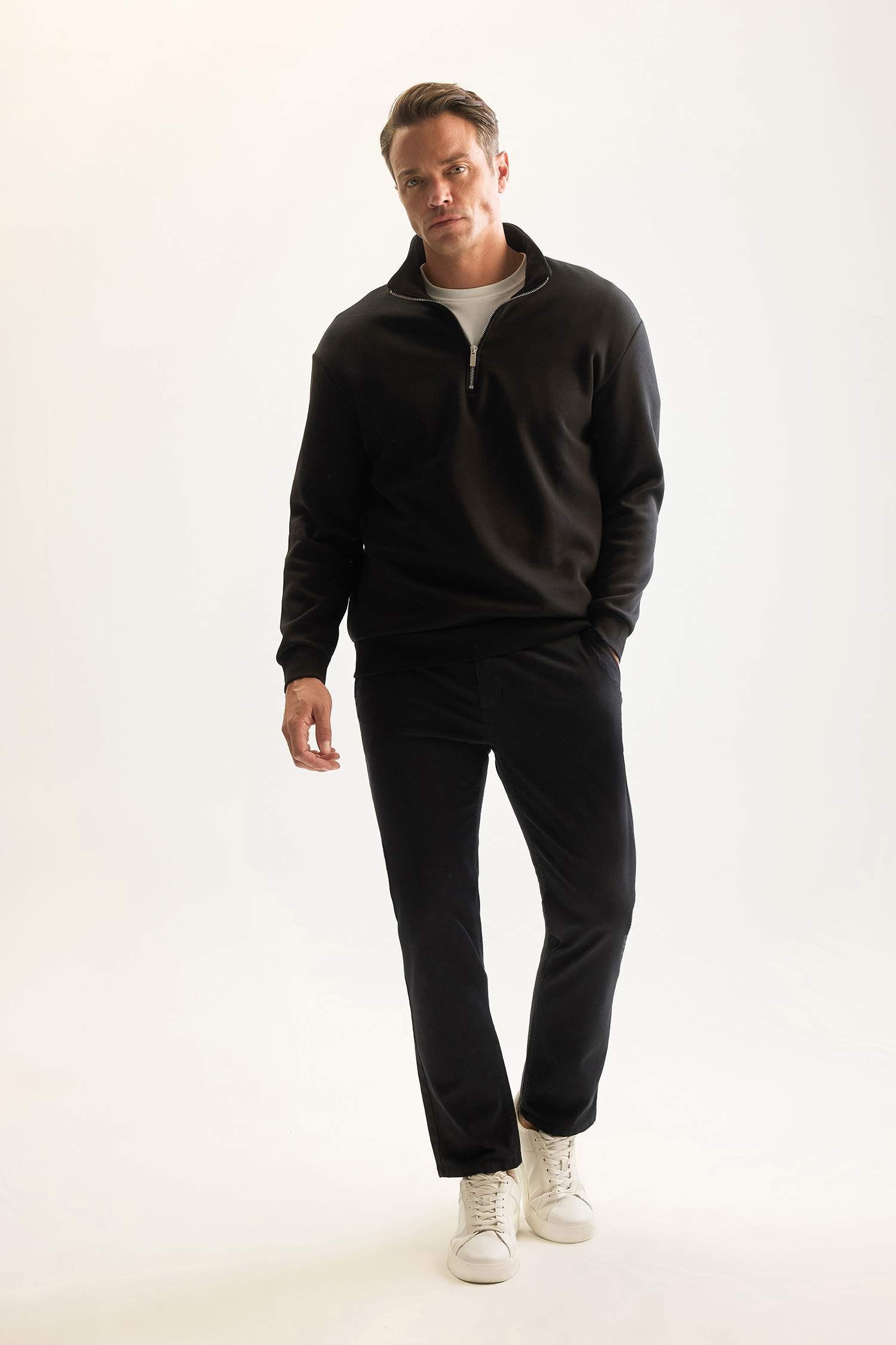 Siyah 3 İplik Pamuklu Şardonlu İçi Polarlı Comfort Regular Fit Rahat Kalıp Dik Yaka Fermuarlı Kalın Sweatshirt