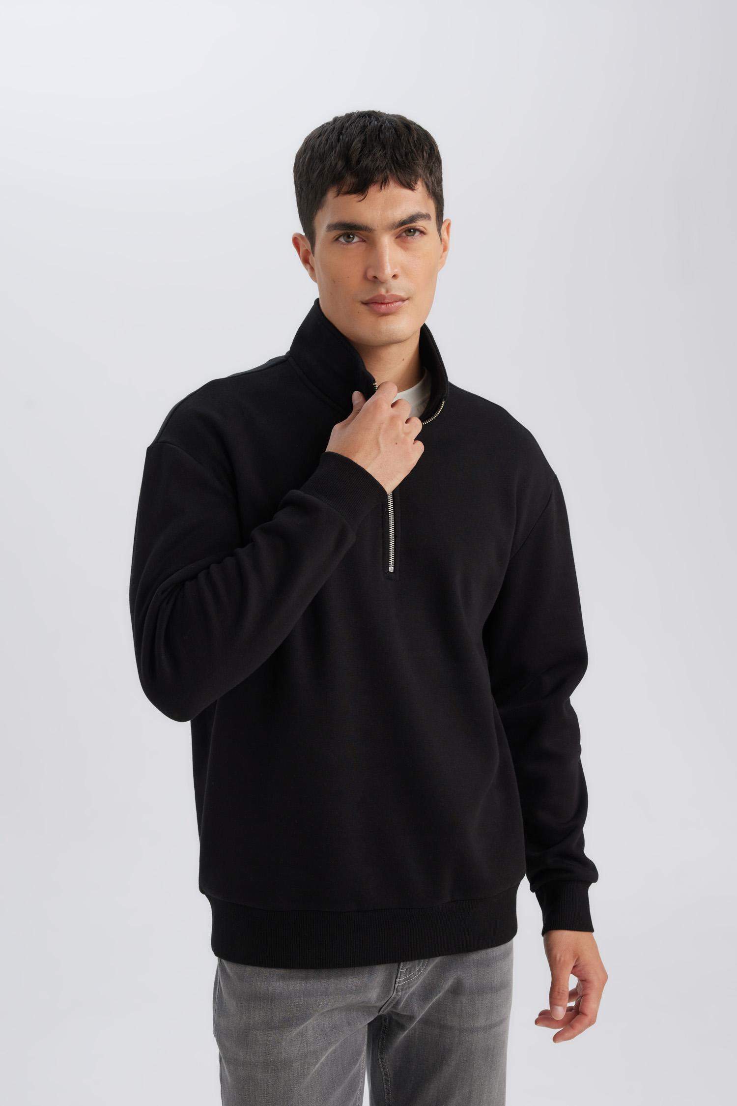 Siyah 3 İplik Pamuklu Şardonlu İçi Polarlı Comfort Regular Fit Rahat Kalıp Dik Yaka Fermuarlı Kalın Sweatshirt