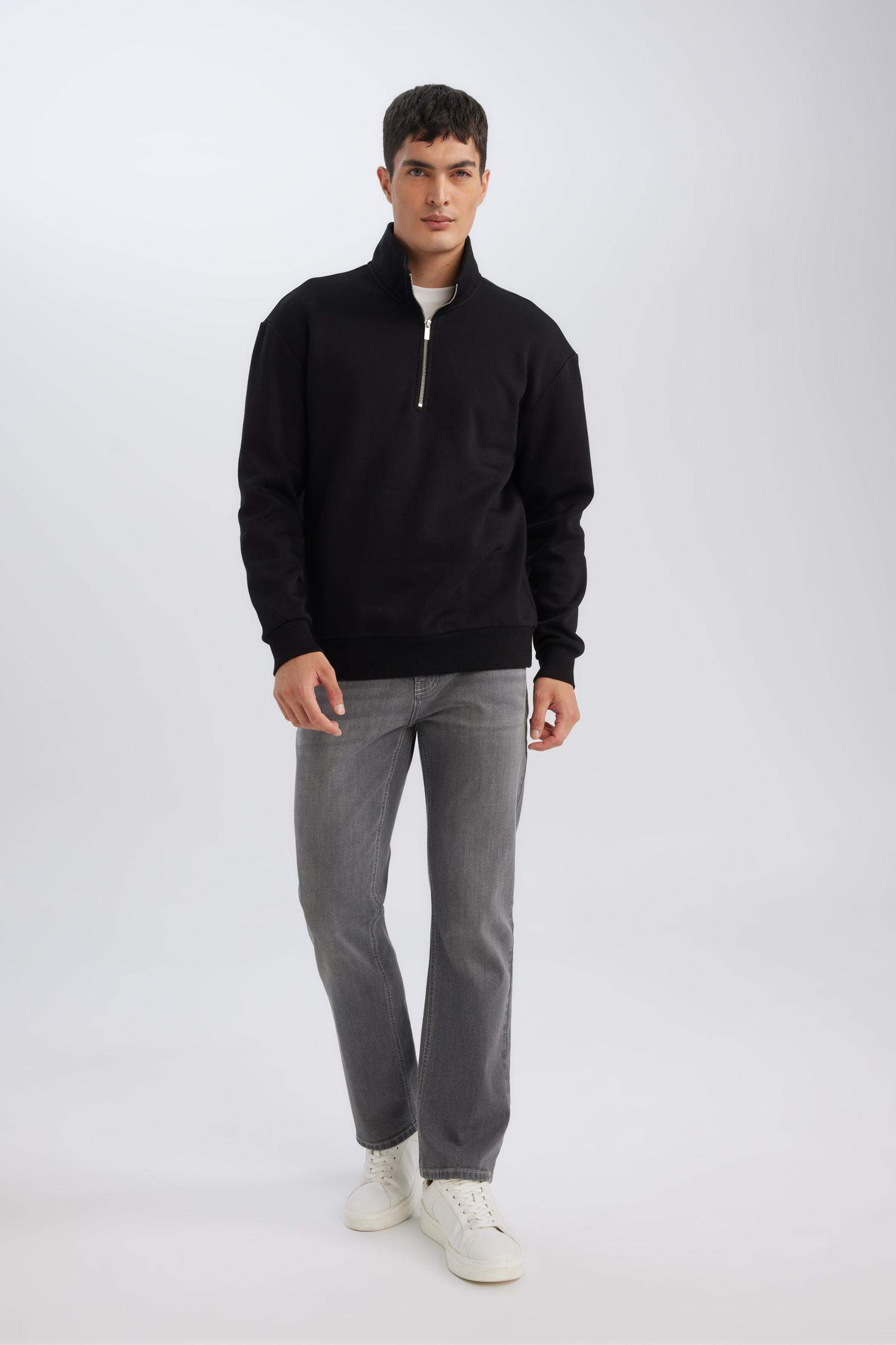 Siyah 3 İplik Pamuklu Şardonlu İçi Polarlı Comfort Regular Fit Rahat Kalıp Dik Yaka Fermuarlı Kalın Sweatshirt