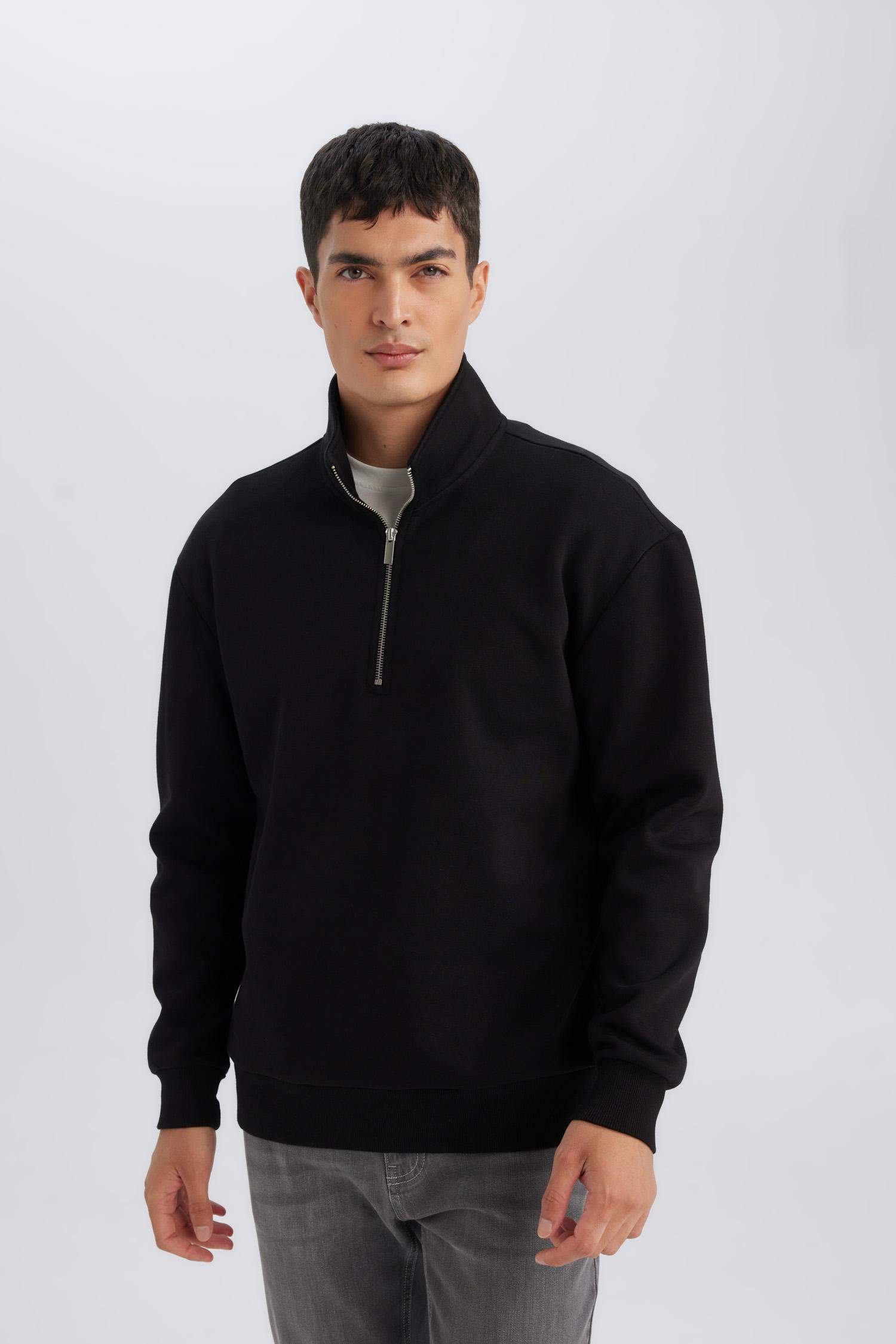 Siyah 3 İplik Pamuklu Şardonlu İçi Polarlı Comfort Regular Fit Rahat Kalıp Dik Yaka Fermuarlı Kalın Sweatshirt