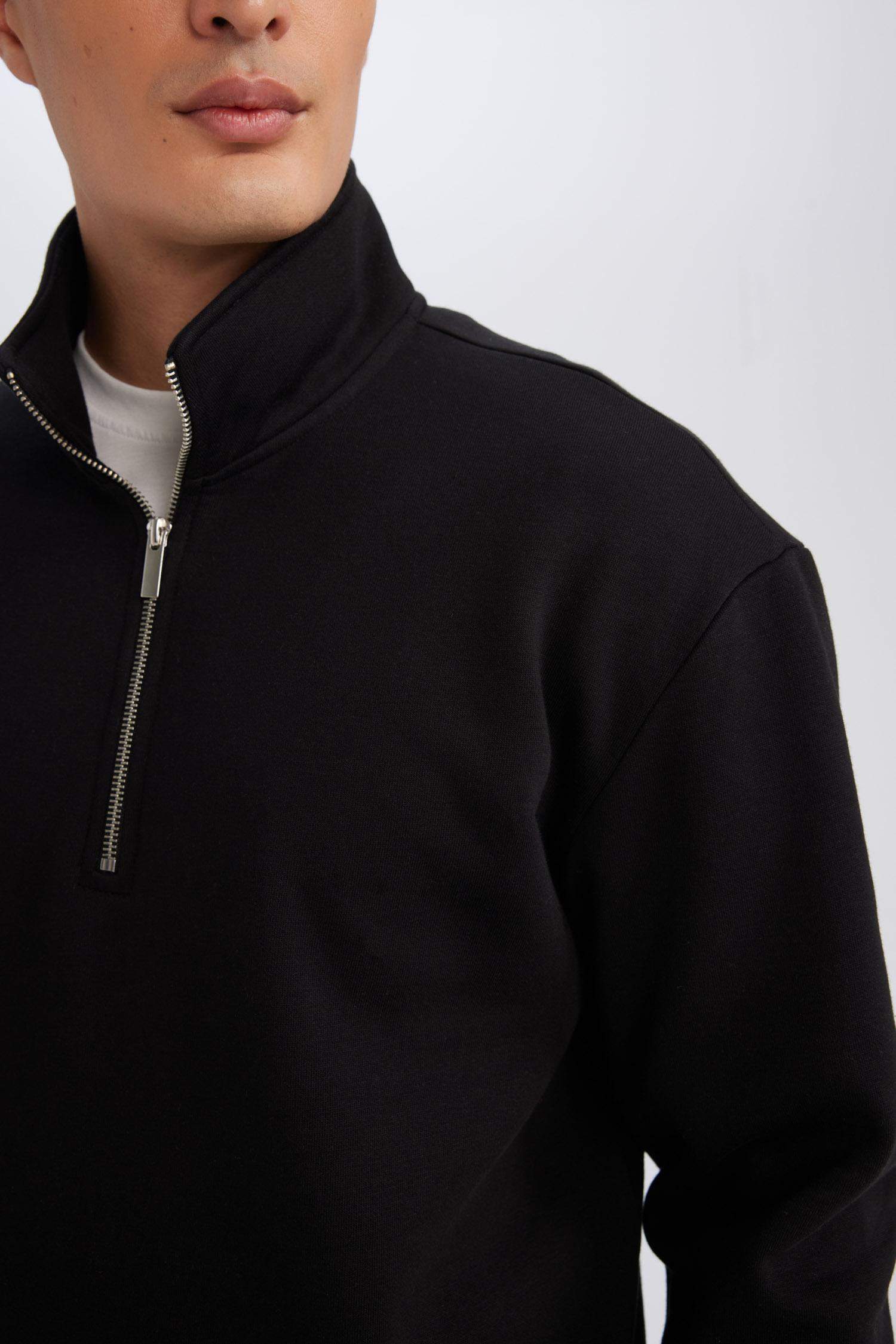 Siyah 3 İplik Pamuklu Şardonlu İçi Polarlı Comfort Regular Fit Rahat Kalıp Dik Yaka Fermuarlı Kalın Sweatshirt