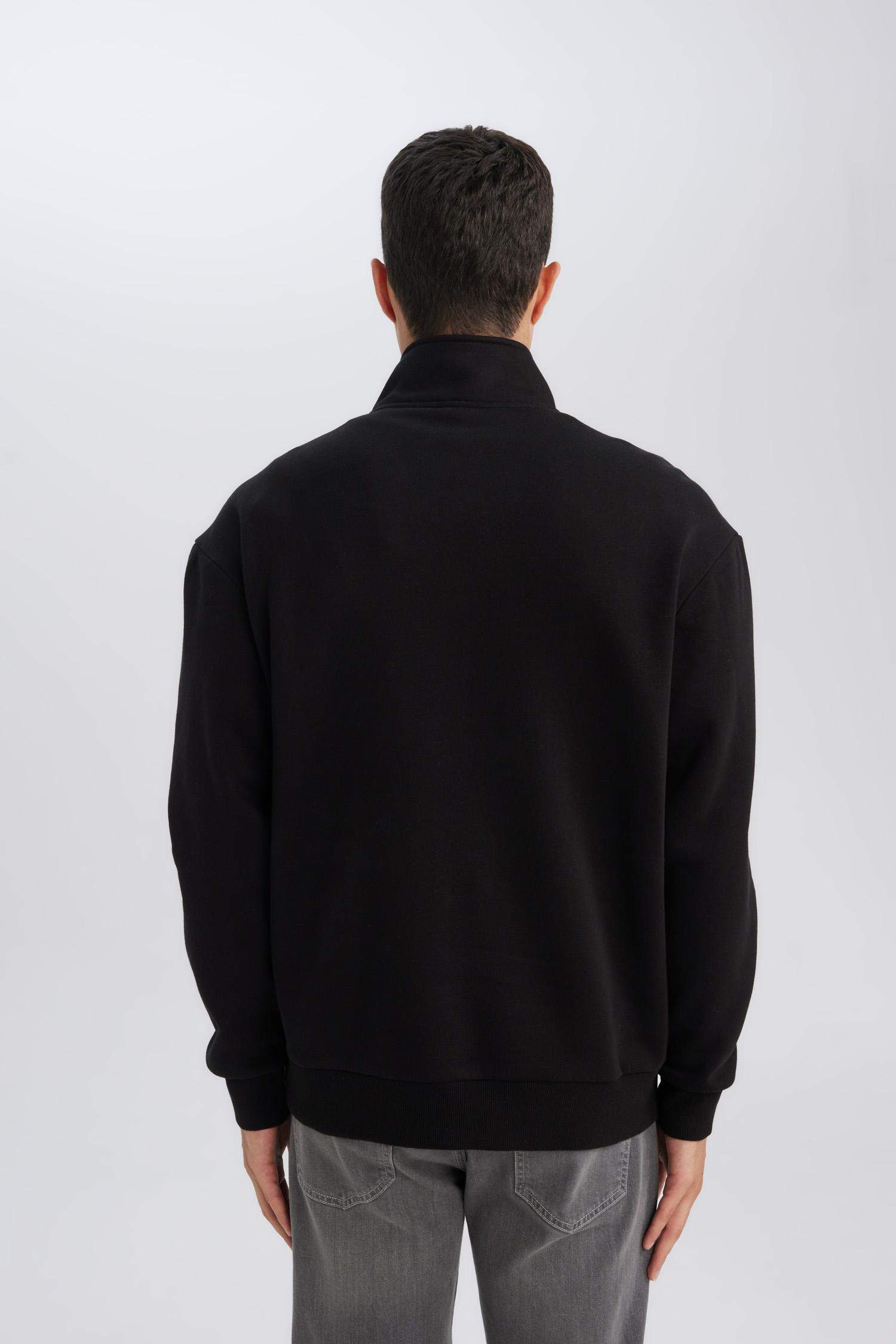 Siyah 3 İplik Pamuklu Şardonlu İçi Polarlı Comfort Regular Fit Rahat Kalıp Dik Yaka Fermuarlı Kalın Sweatshirt