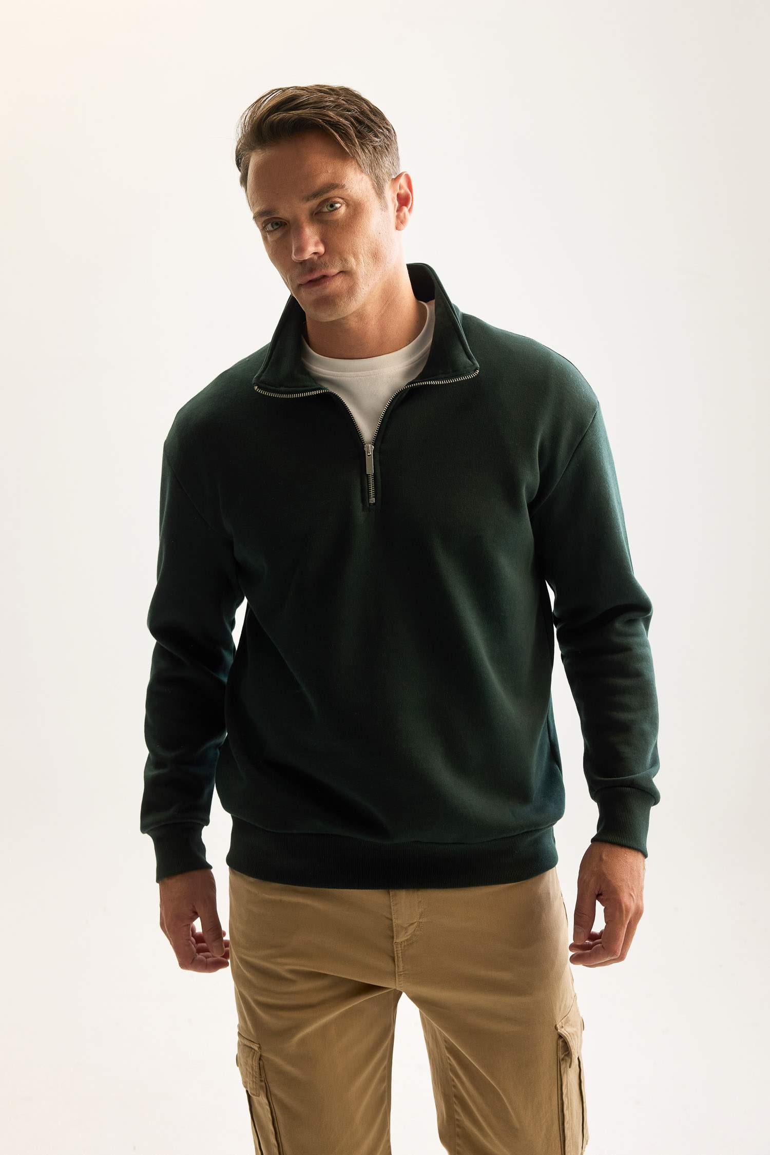 3 İplik Pamuklu Şardonlu İçi Polarlı Comfort Regular Fit Rahat Kalıp Dik Yaka Fermuarlı Kalın Sweatshirt