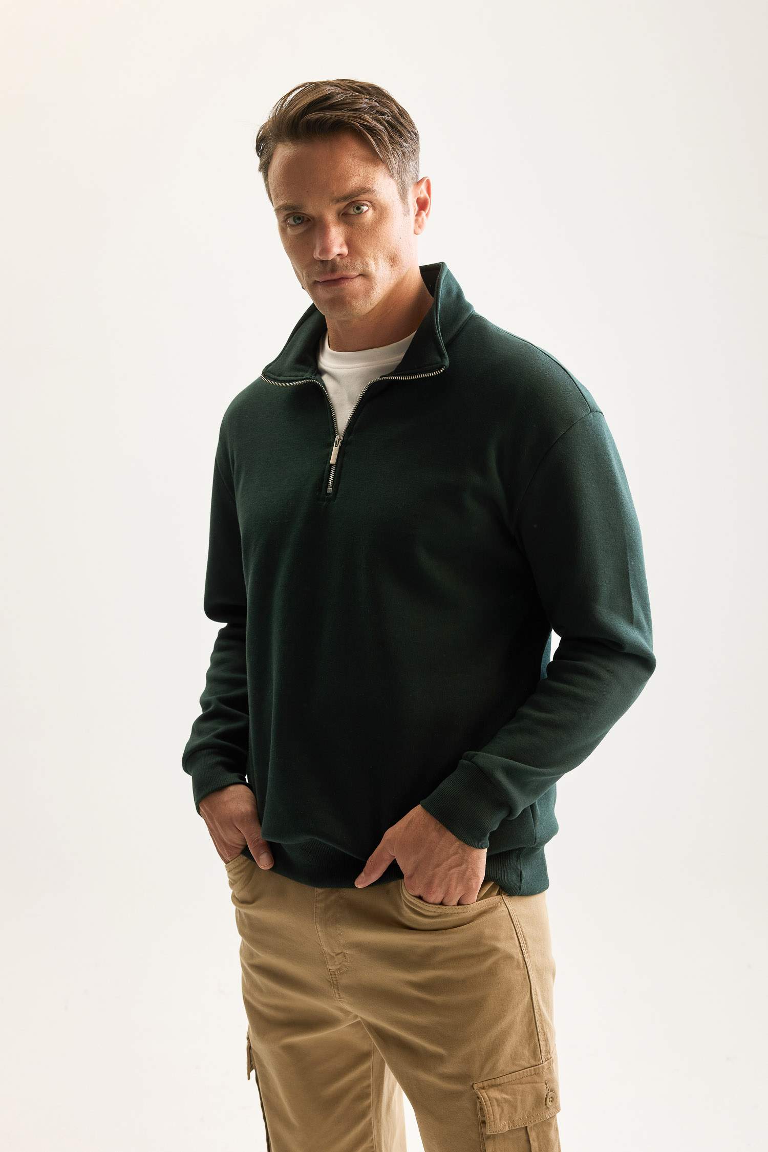 3 İplik Pamuklu Şardonlu İçi Polarlı Comfort Regular Fit Rahat Kalıp Dik Yaka Fermuarlı Kalın Sweatshirt