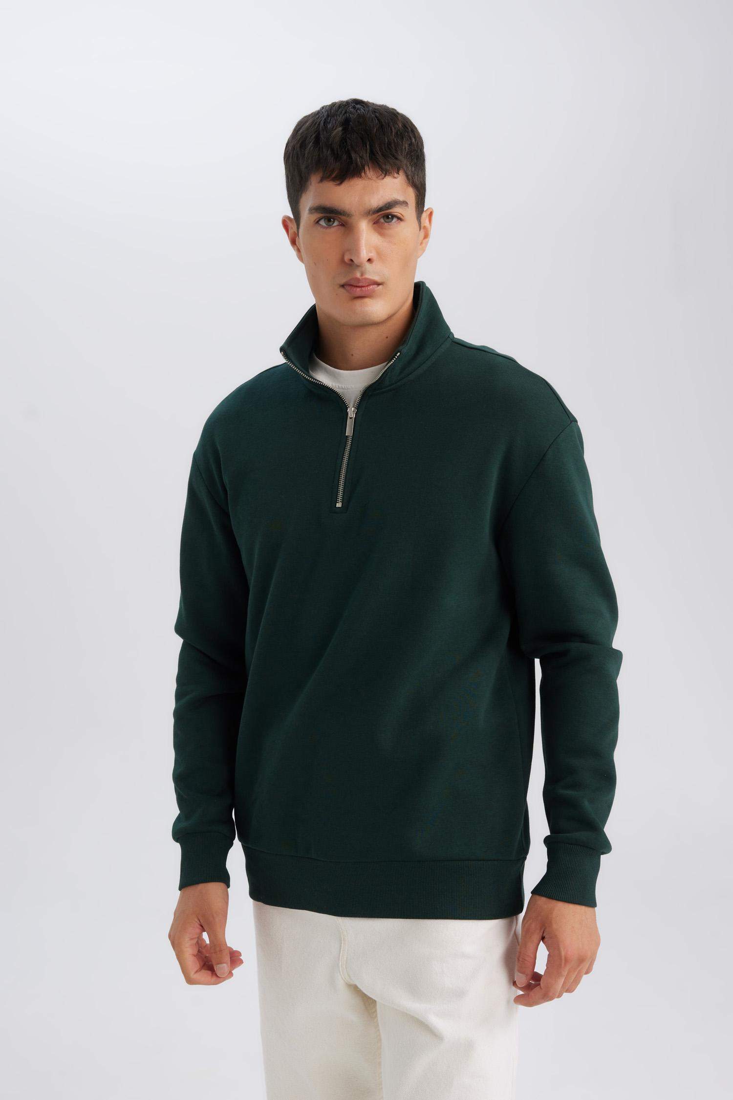 3 İplik Pamuklu Şardonlu İçi Polarlı Comfort Regular Fit Rahat Kalıp Dik Yaka Fermuarlı Kalın Sweatshirt