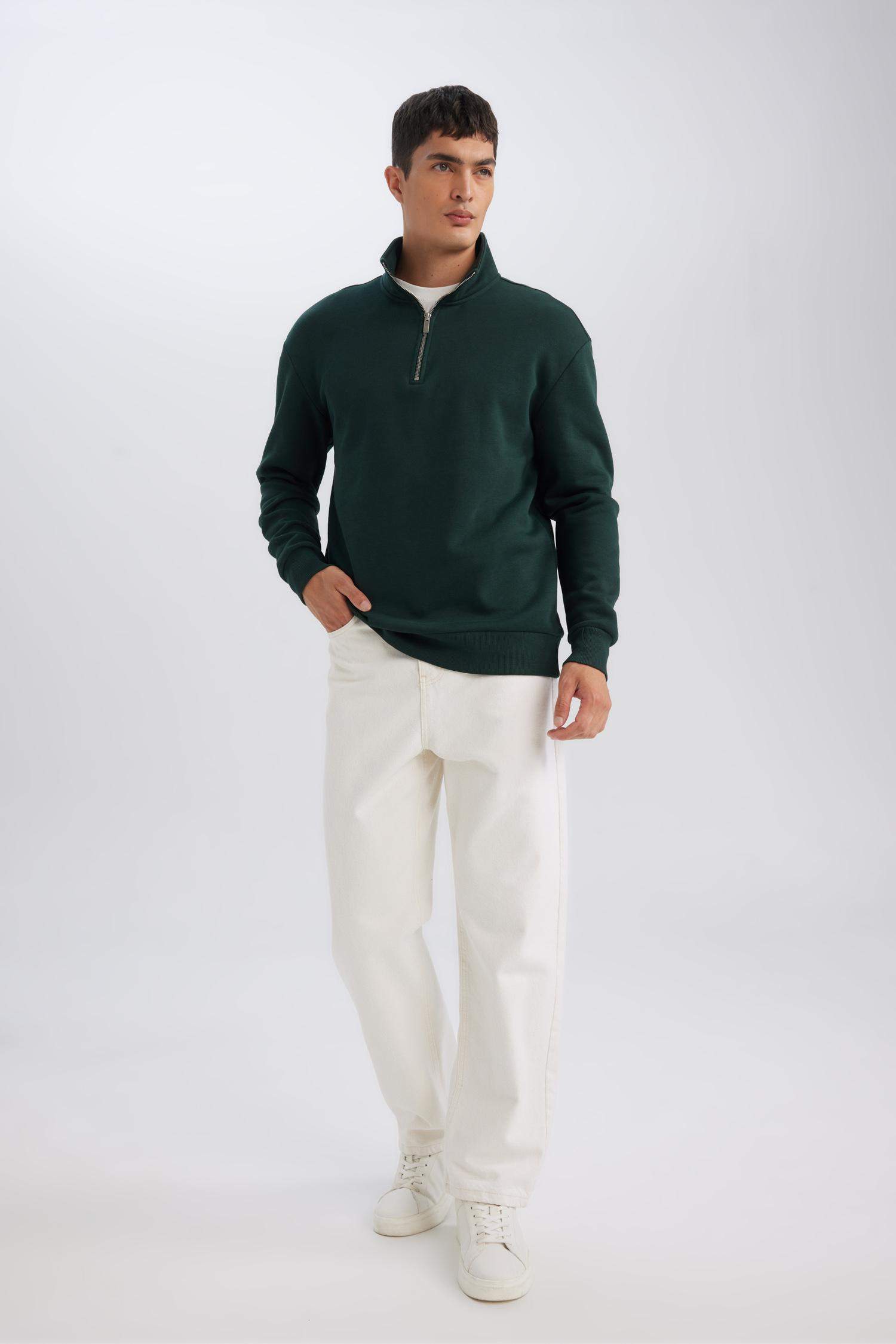 3 İplik Pamuklu Şardonlu İçi Polarlı Comfort Regular Fit Rahat Kalıp Dik Yaka Fermuarlı Kalın Sweatshirt