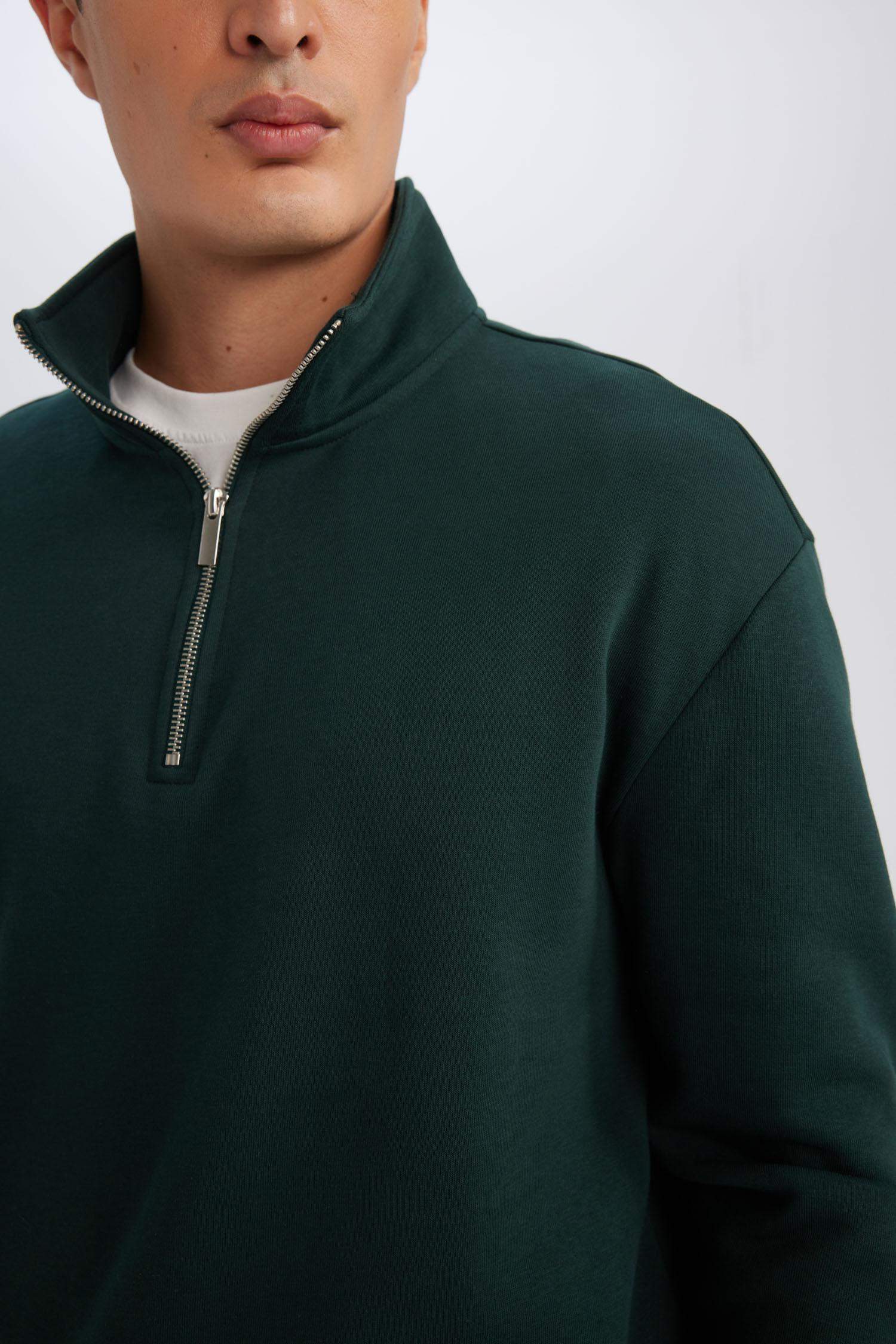 3 İplik Pamuklu Şardonlu İçi Polarlı Comfort Regular Fit Rahat Kalıp Dik Yaka Fermuarlı Kalın Sweatshirt