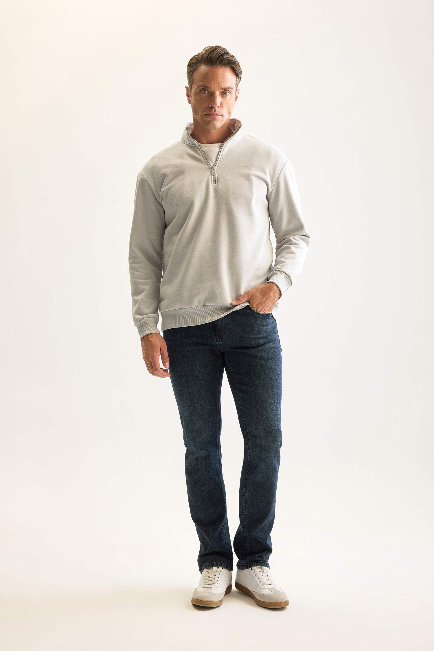 Gri 3 İplik Pamuklu Şardonlu İçi Polarlı Comfort Regular Fit Rahat Kalıp Dik Yaka Fermuarlı Kalın Sweatshirt