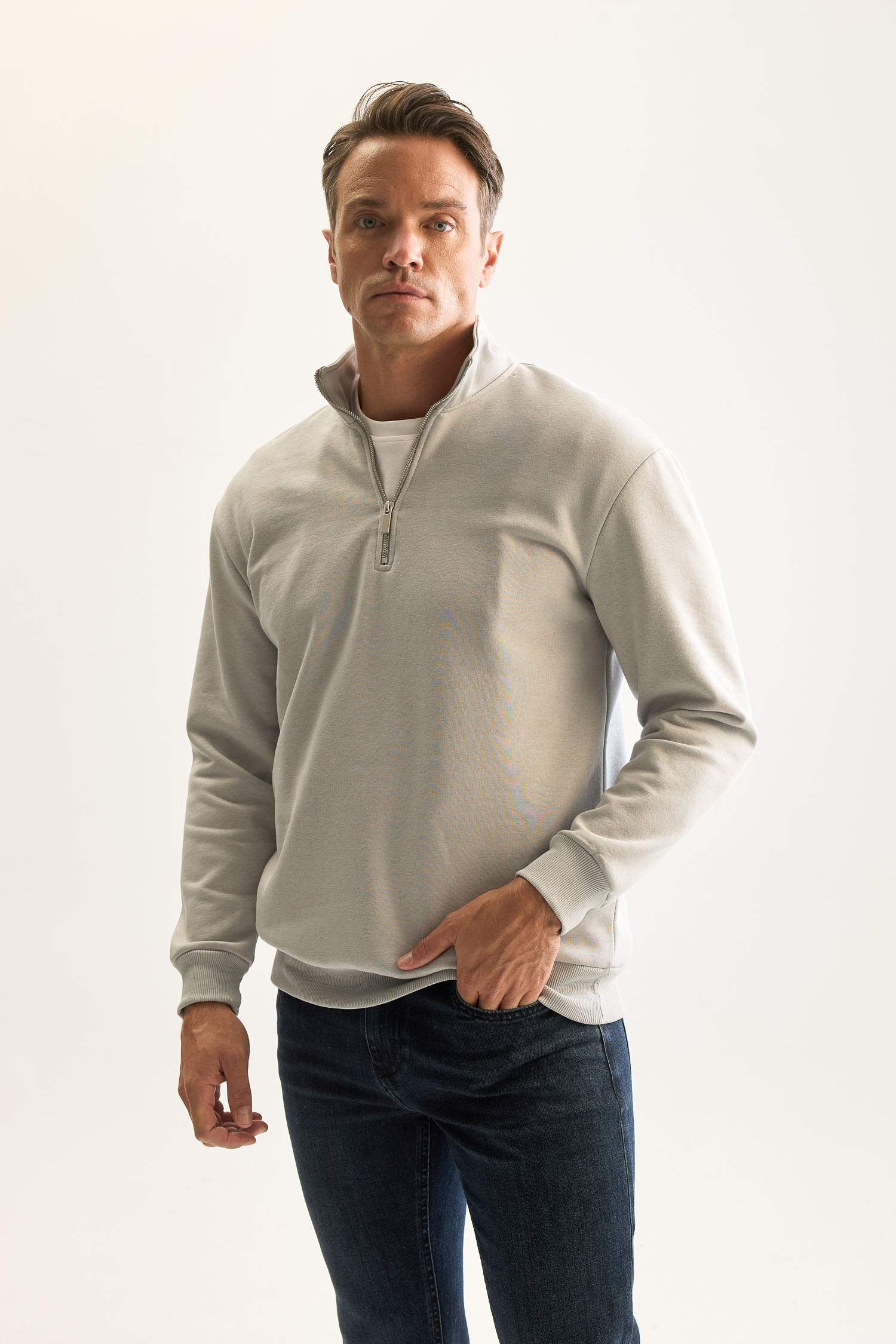 Gri 3 İplik Pamuklu Şardonlu İçi Polarlı Comfort Regular Fit Rahat Kalıp Dik Yaka Fermuarlı Kalın Sweatshirt