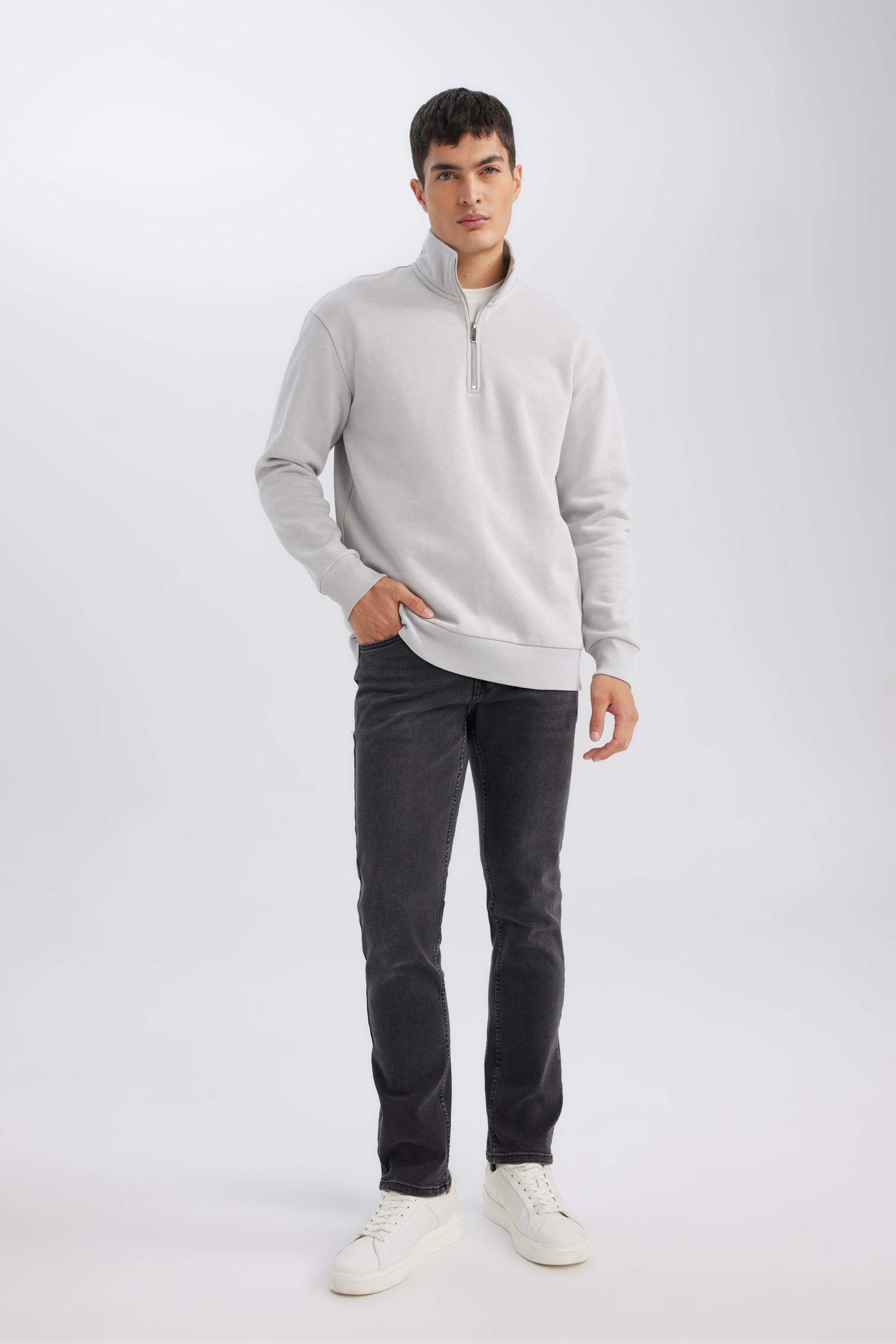 Gri 3 İplik Pamuklu Şardonlu İçi Polarlı Comfort Regular Fit Rahat Kalıp Dik Yaka Fermuarlı Kalın Sweatshirt