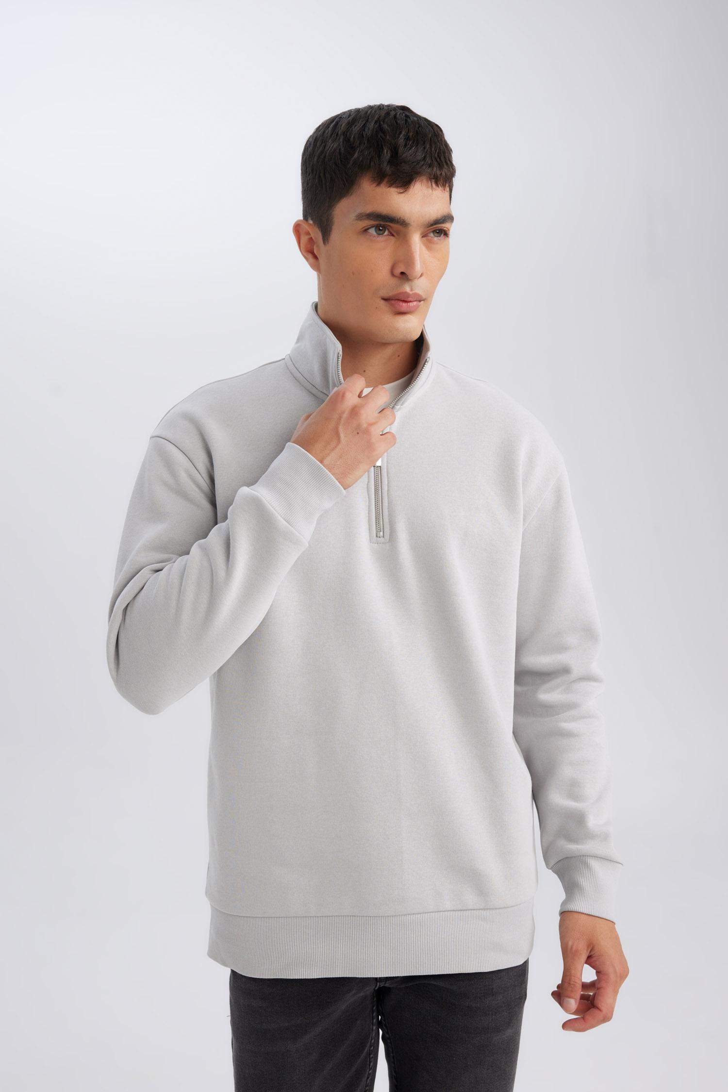 Gri 3 İplik Pamuklu Şardonlu İçi Polarlı Comfort Regular Fit Rahat Kalıp Dik Yaka Fermuarlı Kalın Sweatshirt