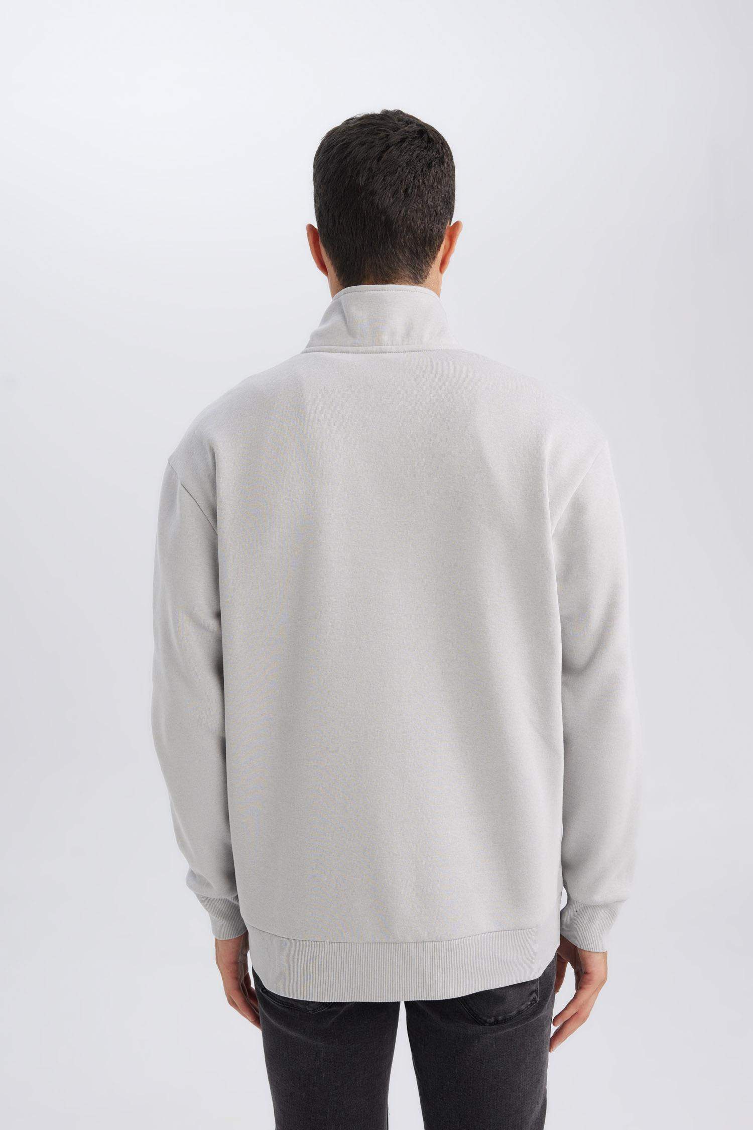 Gri 3 İplik Pamuklu Şardonlu İçi Polarlı Comfort Regular Fit Rahat Kalıp Dik Yaka Fermuarlı Kalın Sweatshirt