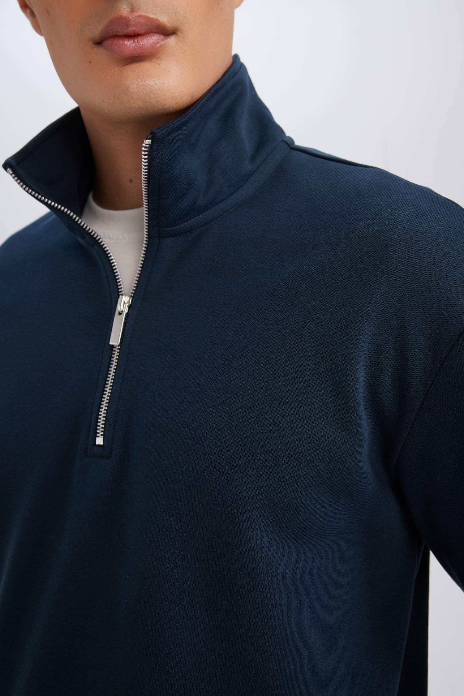 Lacivert 3 İplik Pamuklu Şardonlu İçi Polarlı Comfort Regular Fit Rahat Kalıp Dik Yaka Fermuarlı Kalın Sweatshirt