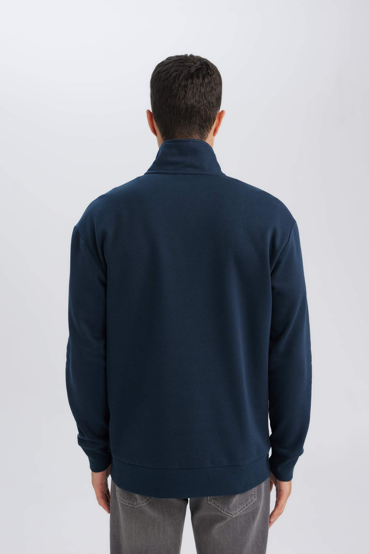 Lacivert 3 İplik Pamuklu Şardonlu İçi Polarlı Comfort Regular Fit Rahat Kalıp Dik Yaka Fermuarlı Kalın Sweatshirt