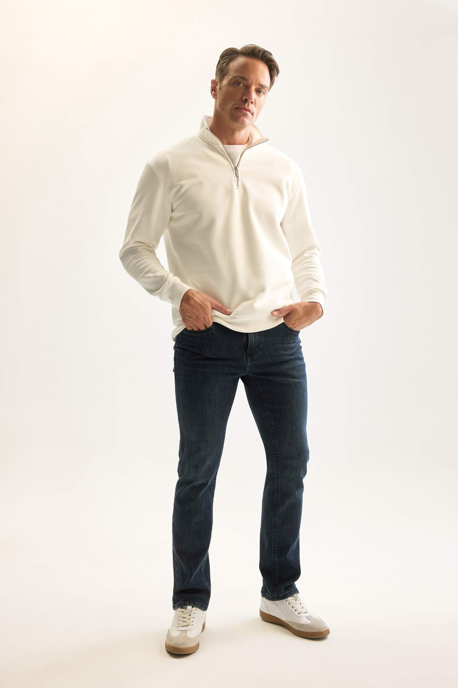 3 İplik Pamuklu Şardonlu İçi Polarlı Comfort Regular Fit Rahat Kalıp Dik Yaka Fermuarlı Kalın Sweatshirt