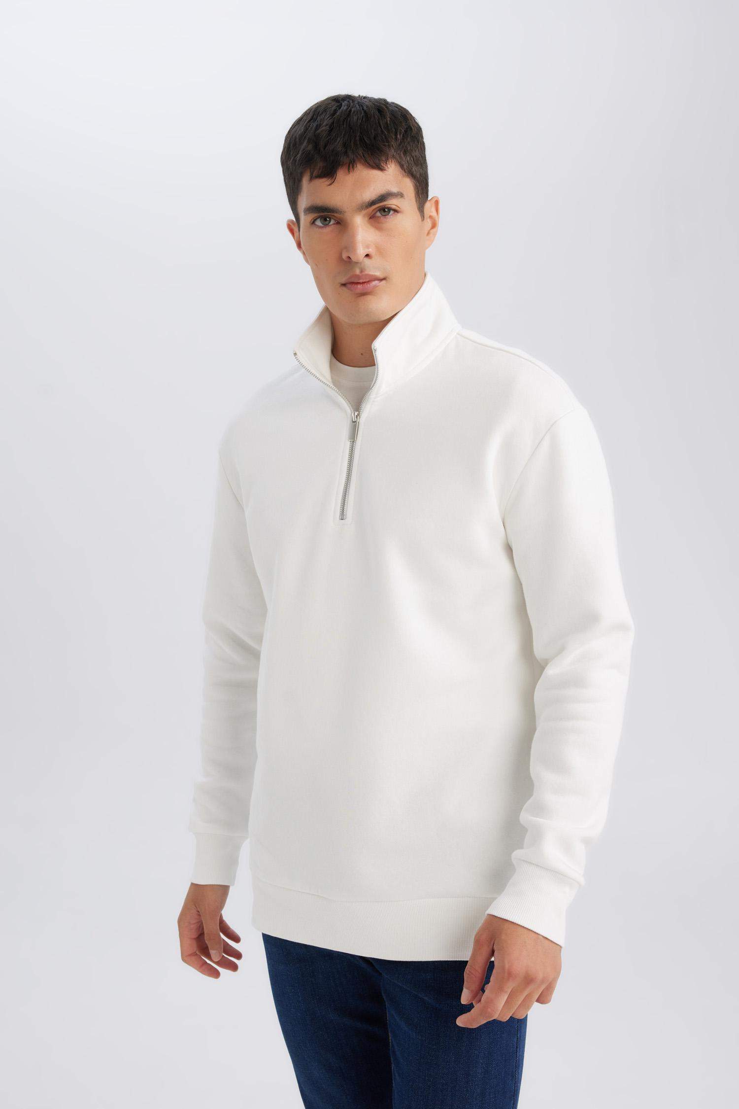 3 İplik Pamuklu Şardonlu İçi Polarlı Comfort Regular Fit Rahat Kalıp Dik Yaka Fermuarlı Kalın Sweatshirt