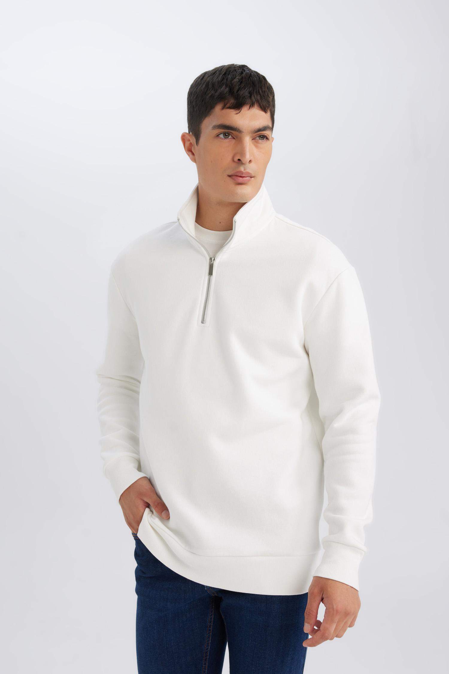 3 İplik Pamuklu Şardonlu İçi Polarlı Comfort Regular Fit Rahat Kalıp Dik Yaka Fermuarlı Kalın Sweatshirt