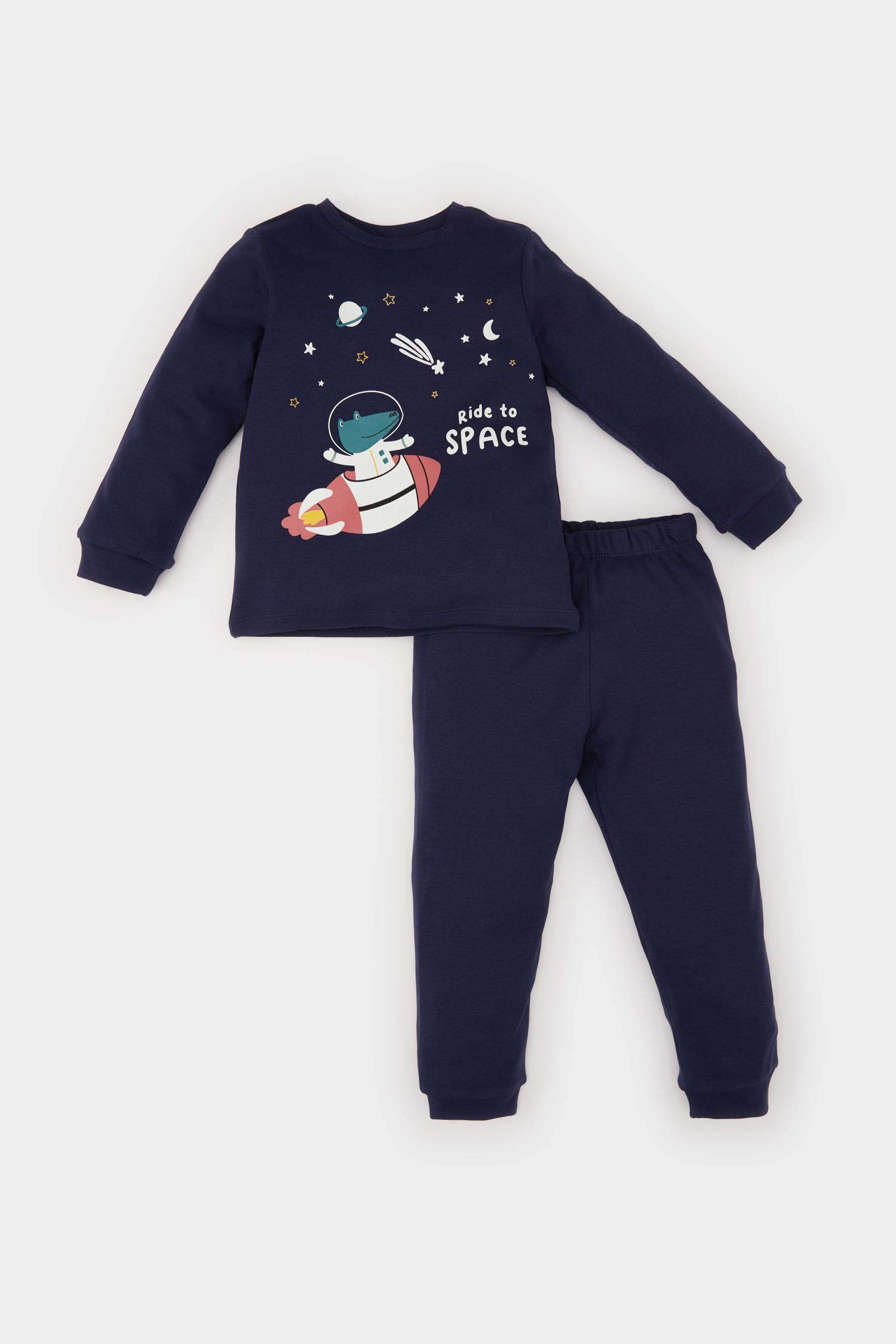 Erkek Bebek Pijama Takımı Uzay Baskılı Uzun Kollu Üst Beli Lastikli Uzun Alt