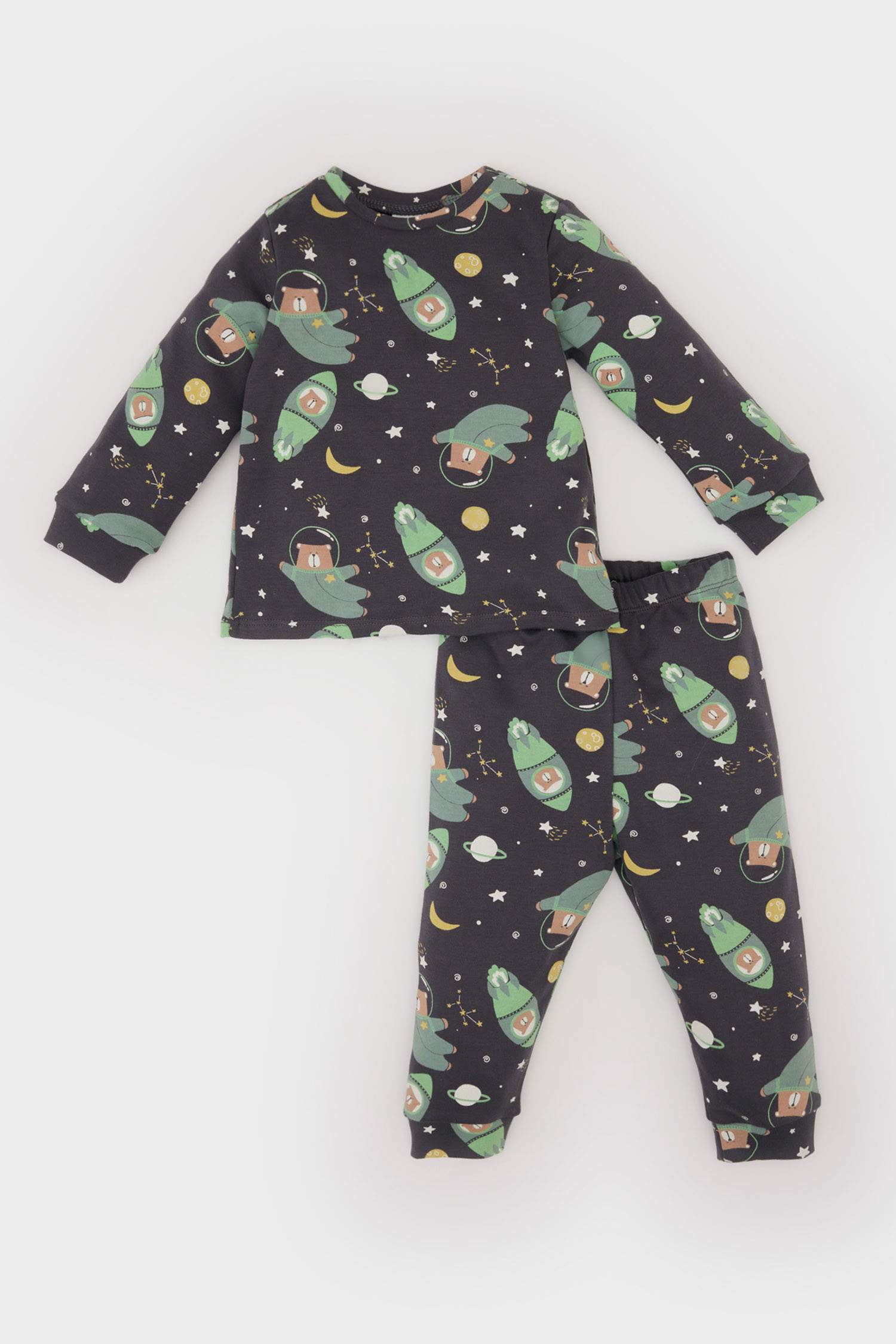 Erkek Bebek Pijama Takımı Uzay Baskılı Uzun Kollu Üst Beli Lastikli Uzun Alt