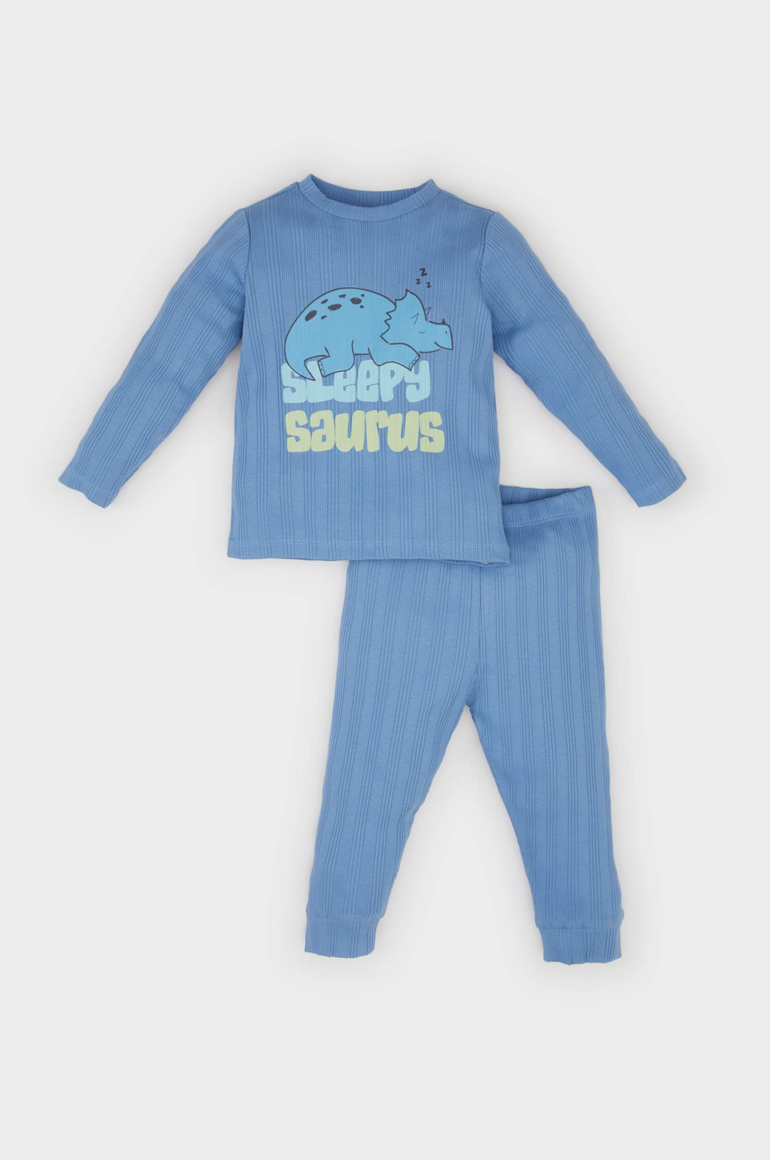 Erkek Bebek Pijama Takımı Fitilli Kaşkorse Dinozor Baskılı Uzun Kollu Üst Beli Lastikli Uzun Alt