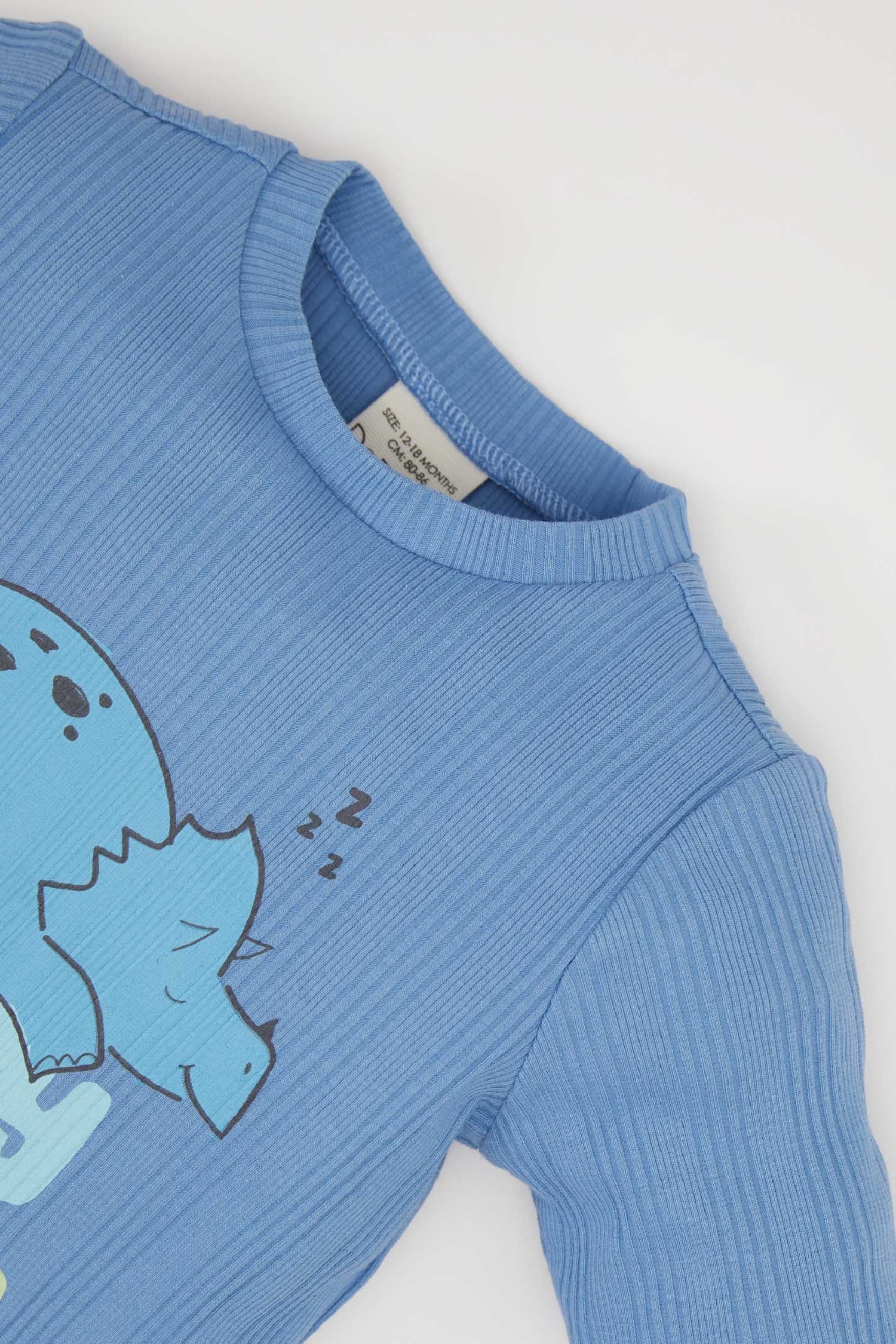 Erkek Bebek Pijama Takımı Fitilli Kaşkorse Dinozor Baskılı Uzun Kollu Üst Beli Lastikli Uzun Alt