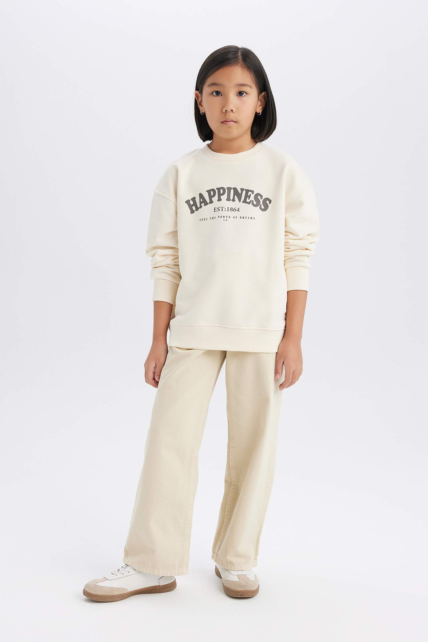 Kız Çocuk Relax Fit Bisiklet Yaka Baskılı Okul Sweatshirt