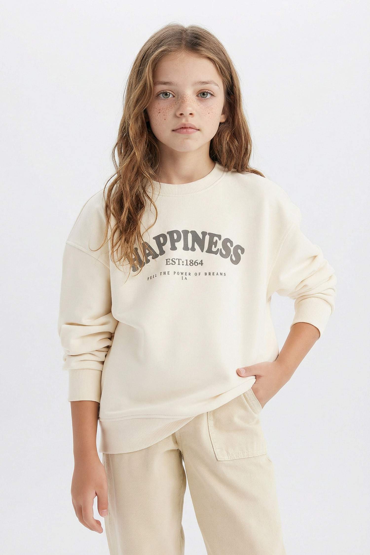 Kız Çocuk Relax Fit Bisiklet Yaka Baskılı Okul Sweatshirt