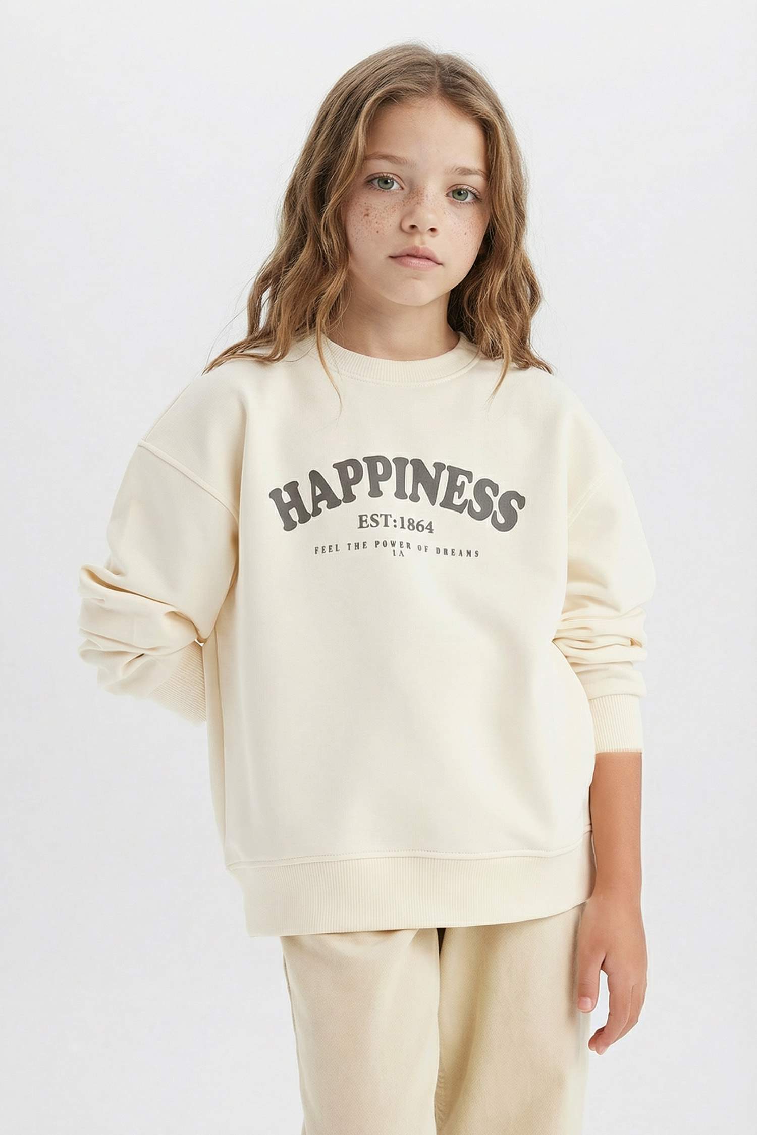 Kız Çocuk Relax Fit Bisiklet Yaka Baskılı Okul Sweatshirt