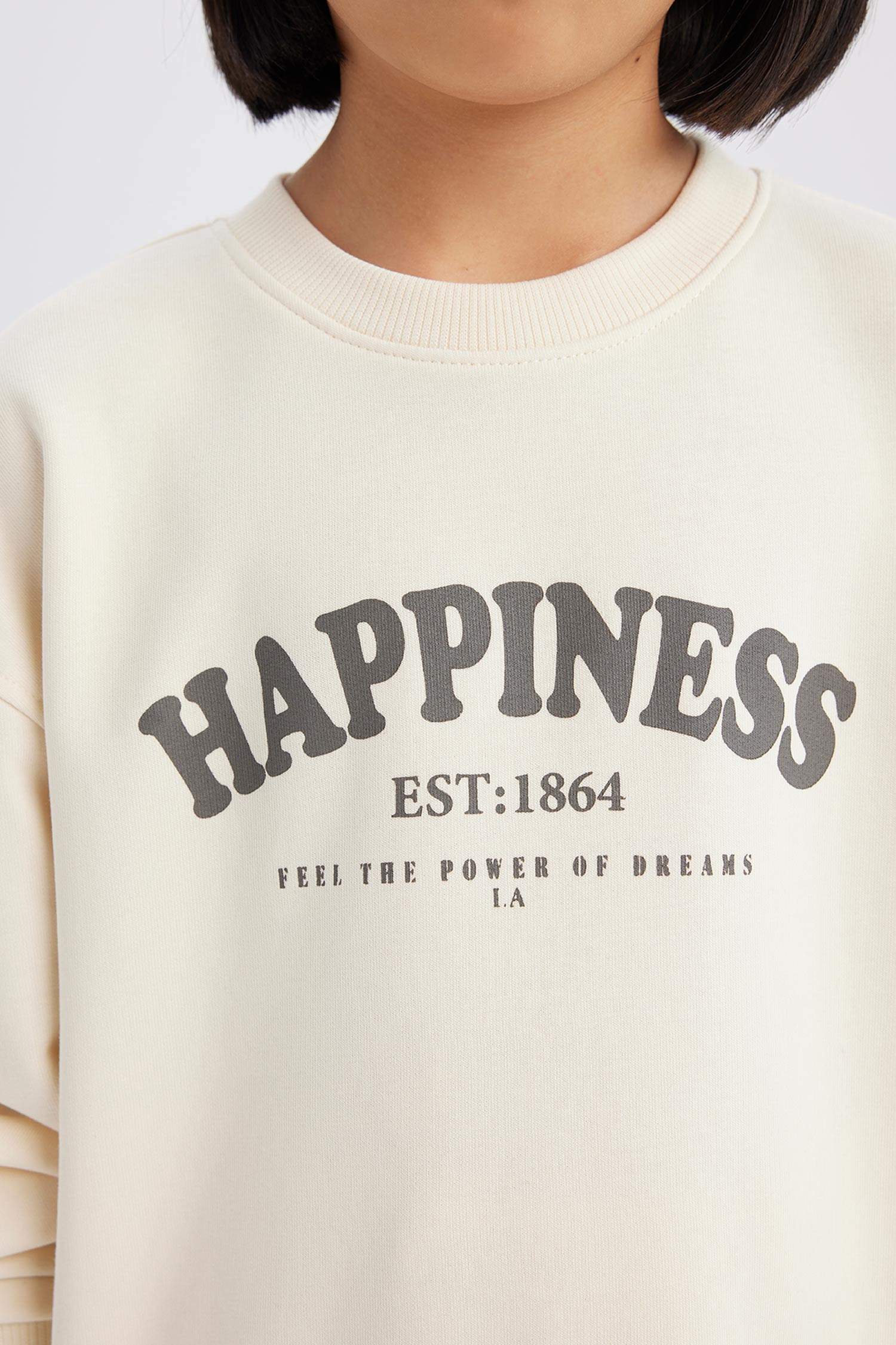 Kız Çocuk Relax Fit Bisiklet Yaka Baskılı Okul Sweatshirt